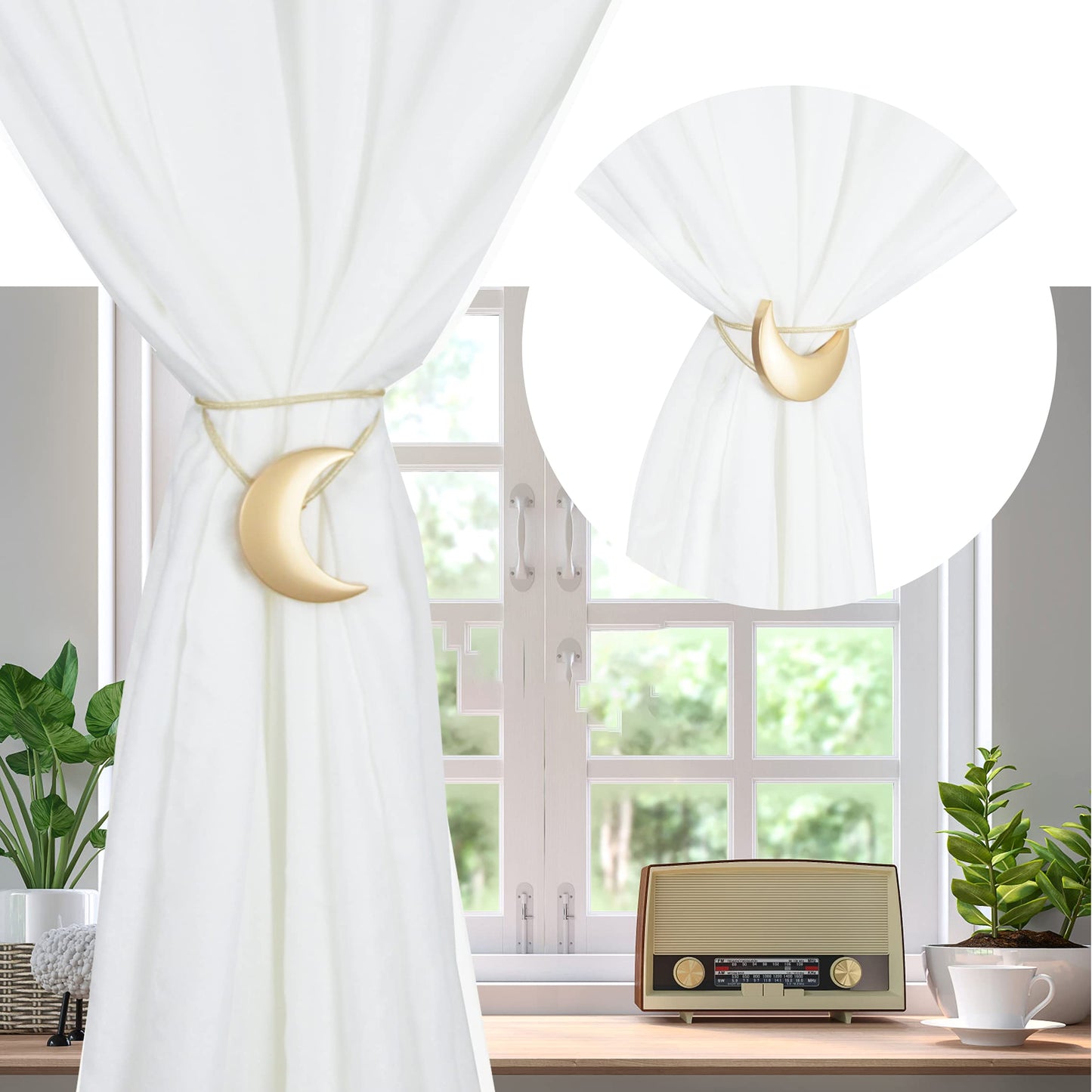 Magnetic Curtain Tiebacks Alloy Moon Curtain Holdbacks Silver/Gold Curtain Tie Backs Curtain Clips Ropes -Set of 2