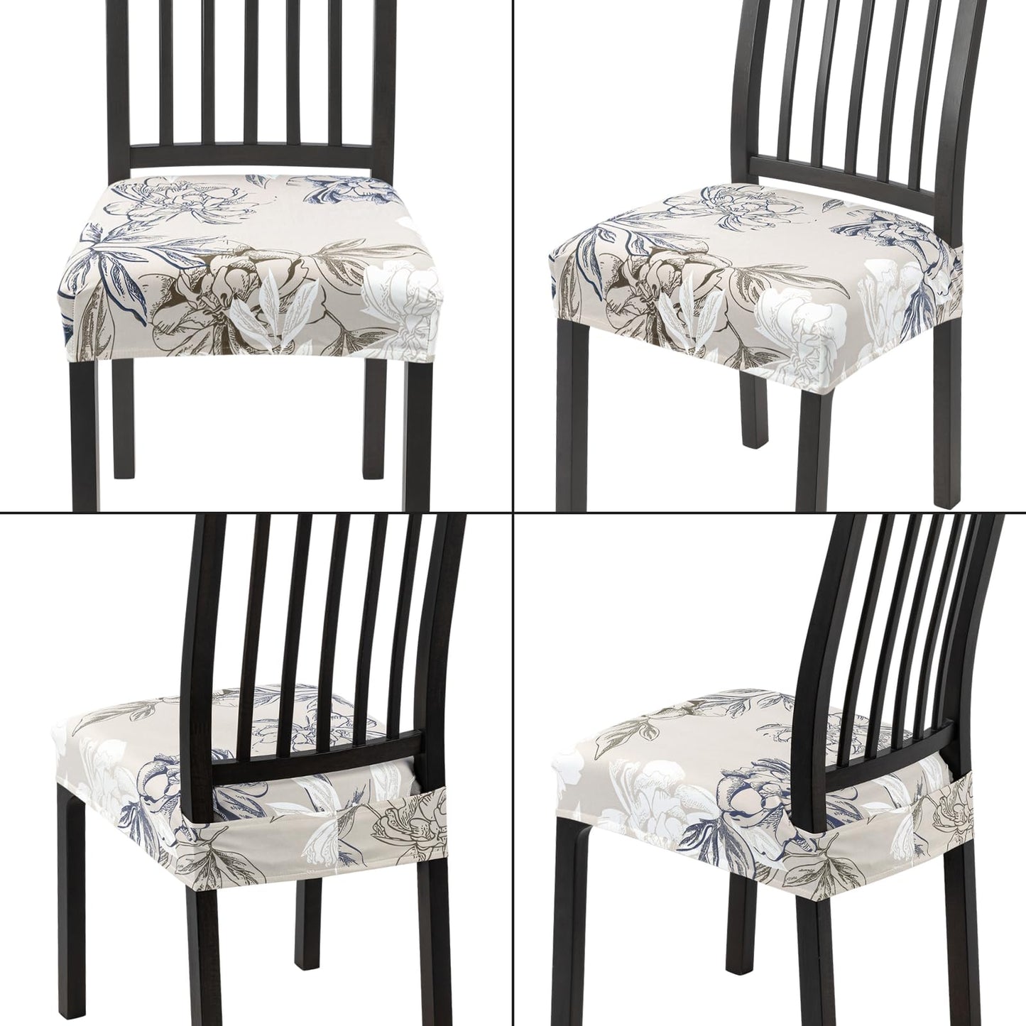 SearchI Waterproof Dining Chair Seat Covers Set of 4, Washable Stretch Seat Covers for Dining Chairs, Dining Room Seat Cover Protector (Rear-Covered, Brown and Blue Flower)