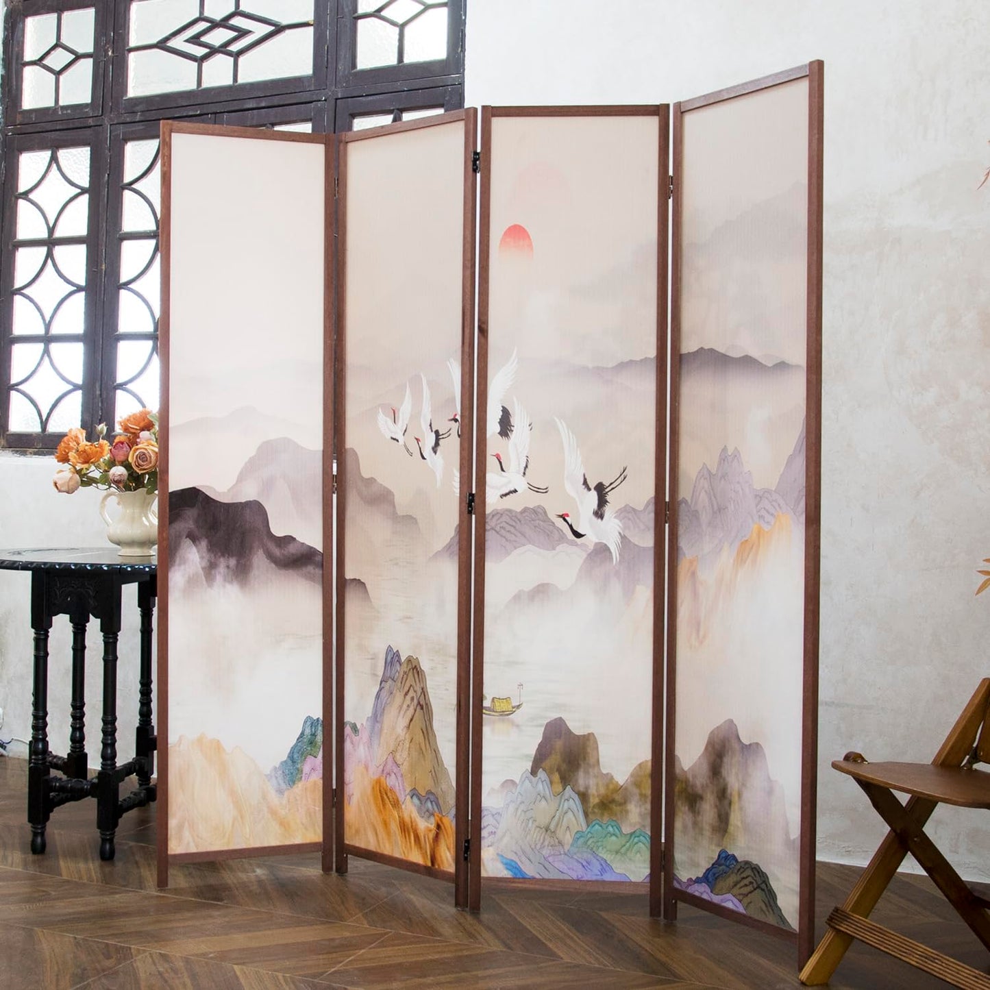 Furnnylane 4 Panel Room Divider, Double-Sided Folding Privacy Screen for Home Office – Freestanding Wall Partition with New Chic Colorful Landscape 67" H x 63" W - 5.6 ft Tall