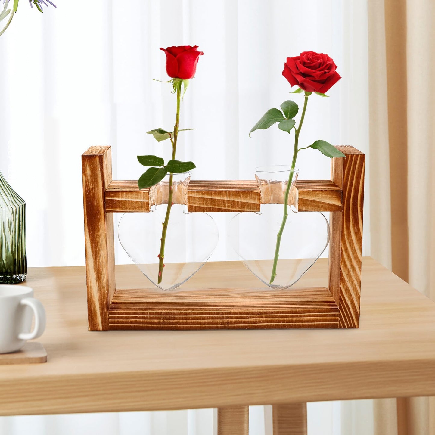Ipetboom Heart-Shaped Glass Hydroponic Planter Vase with Wooden Stand, Glass Propagation Station for Indoor Plants, Home Décor Terrarium Set