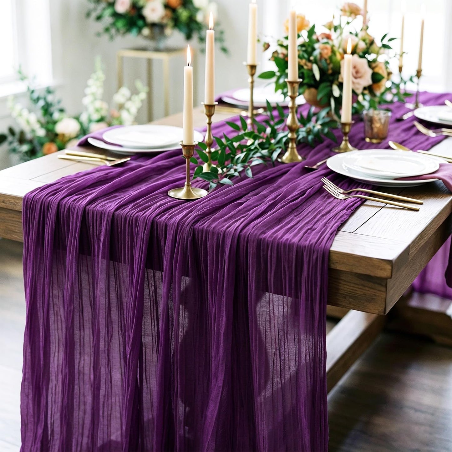 PATYDEST Purple Cheesecloth Table Runner 2 Pack 10FT Rustic Gauze Fabric Table Runners for Weddings Plum Cheese Cloth Table Runner Halloween Sheer Runner for Table Baby Shower Birthday Holiday Decor
