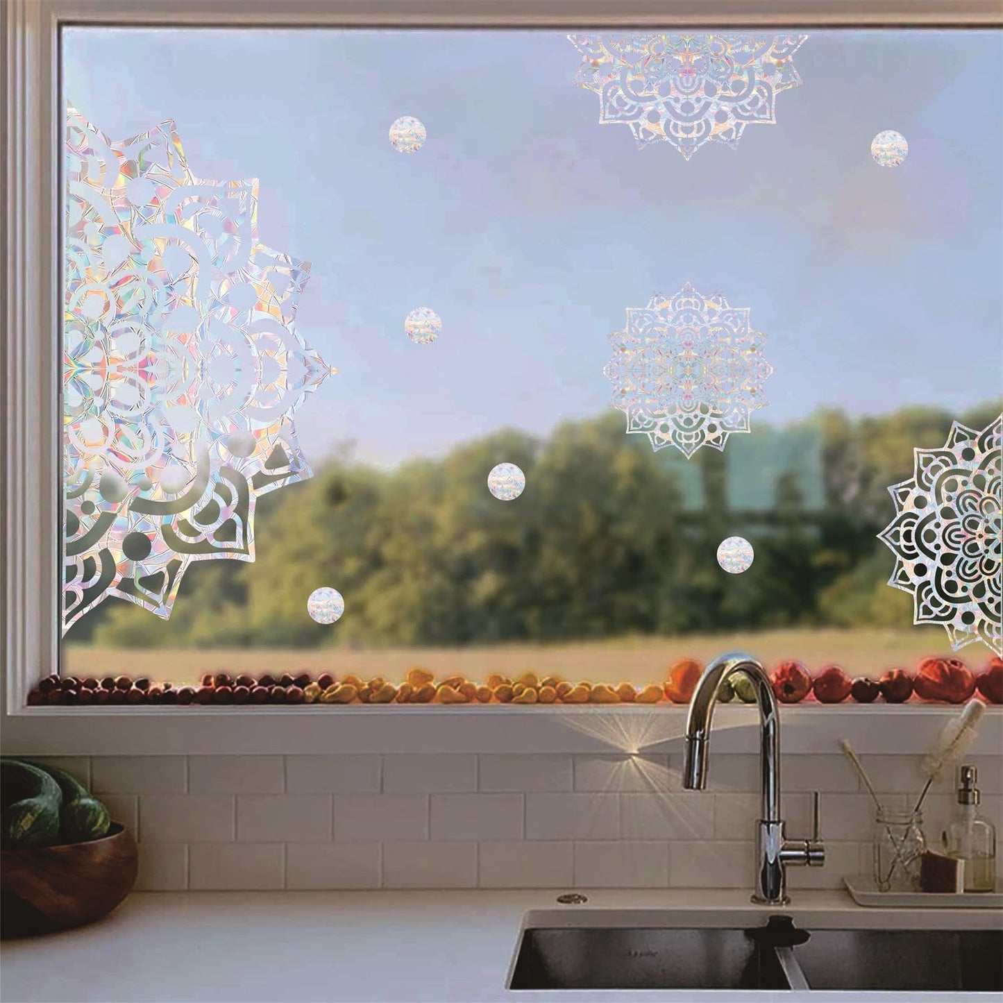 Large Mandala Window Clings for Glass Windows Big Mandala Window Stickers Lotus Flower Window Decals Static Cling Anti-Collision Window Stickers for Bird Strikes Sun Catcher Rainbow Stickers