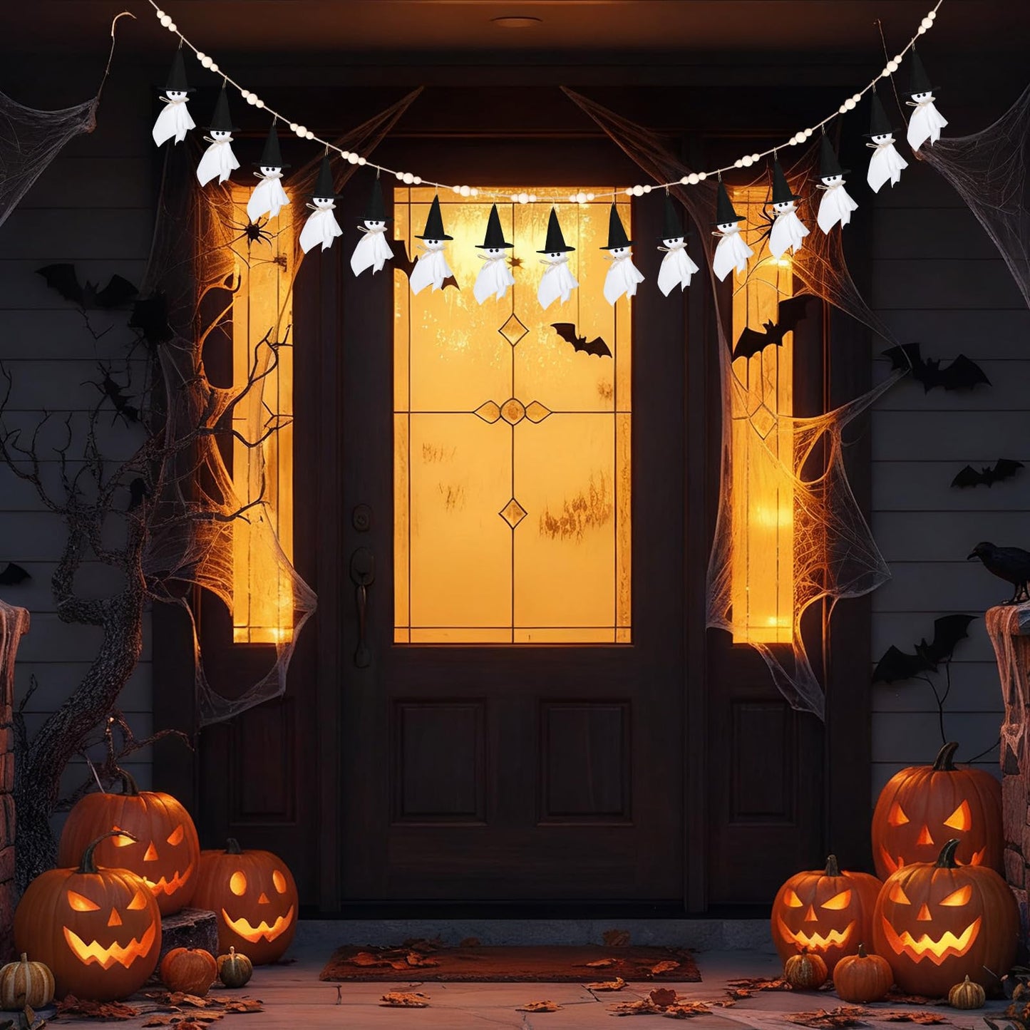 VitalCozy 7ft Halloween Garland Cute Witch Hat Ghost with Wooden Beads Garlands Farmhouse Rustic Halloween Banner for Wall Haunted House Party Yard Outdoor Spring Decor Supplies