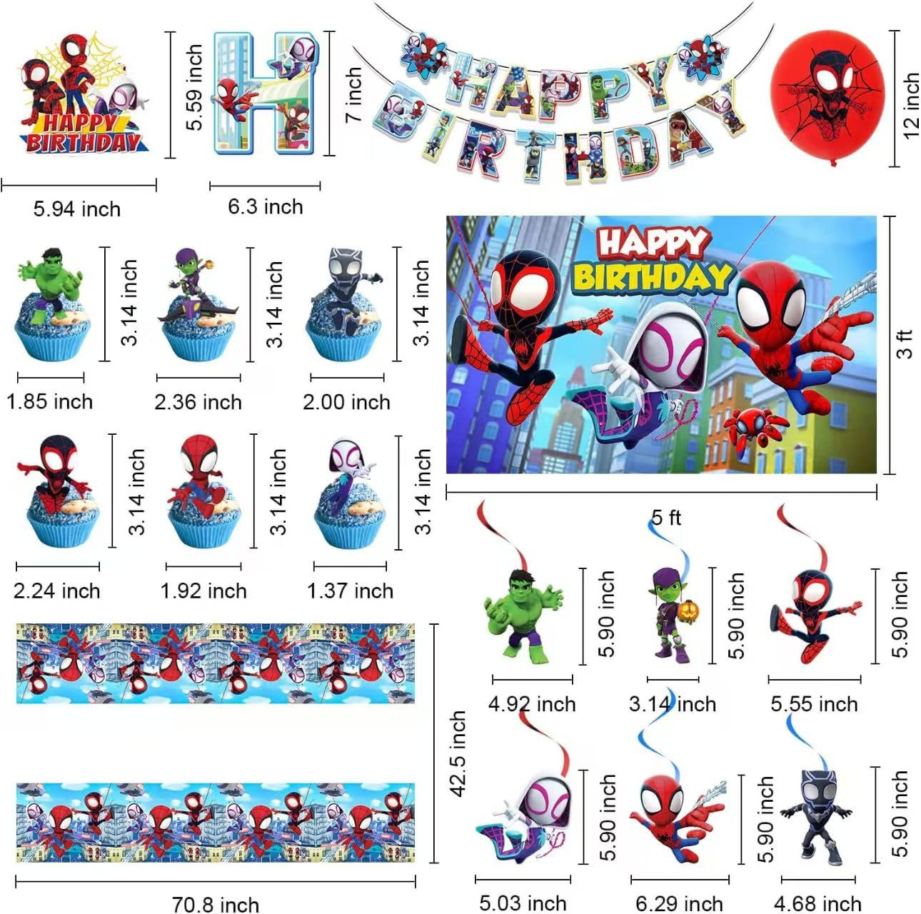 Cartoon spidey-themed birthday party supplies. These decorations include "Happy Birthday" banners, tableware, tablecloths, balloons, large and small skewers, and party-themed decoration sets.