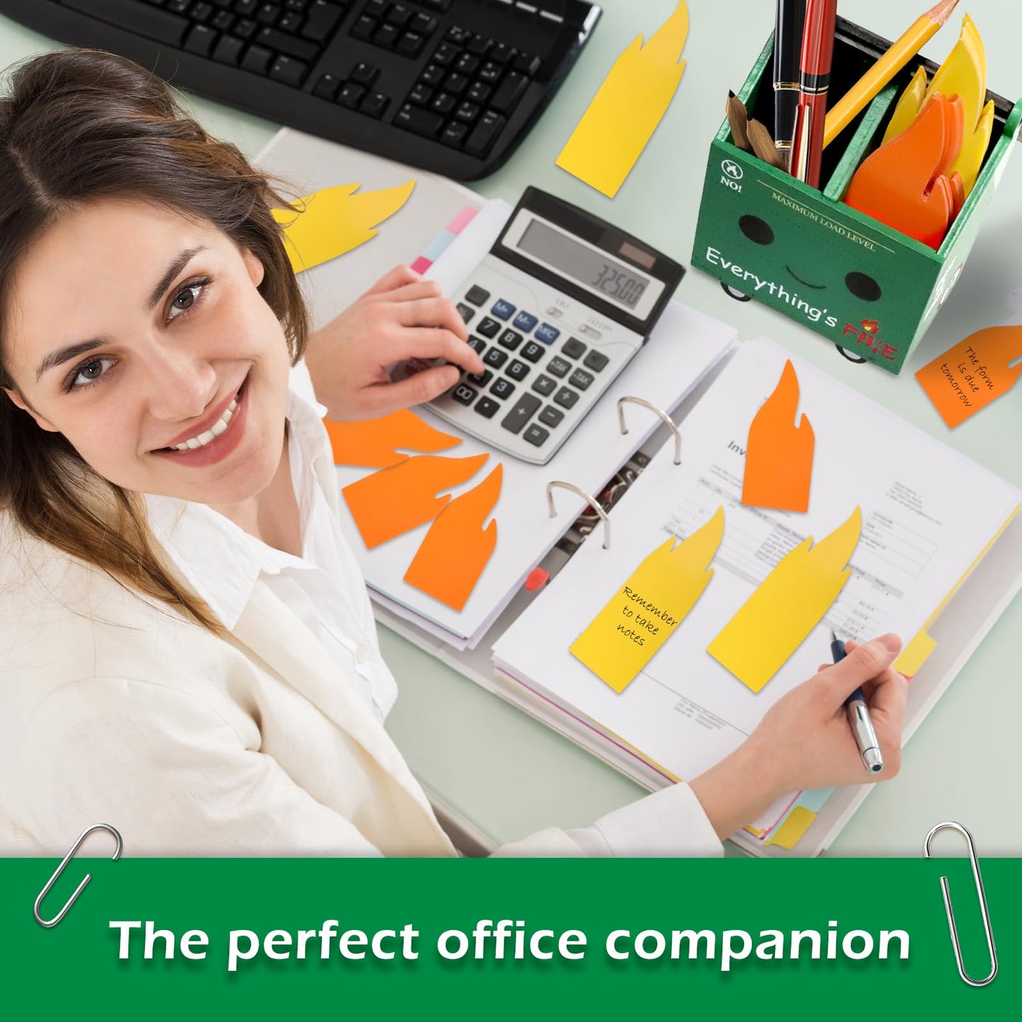 PUNICA Dumpster Fire Pencil Holder with 100 Pcs Flame Note Cards, Funny Office Desk Accessories Decor, Great Gifts for Coworkers Teacher - Green (Already Assembled)