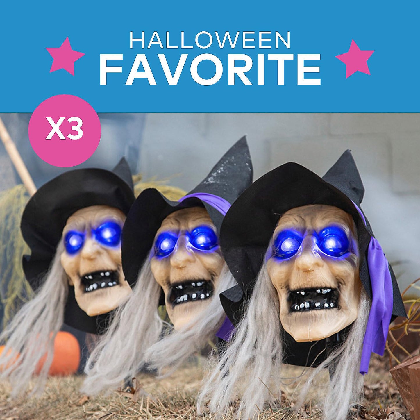 Fun Express 3 Pieces 2 ft. Light-Up Witch Head Yard Stake Halloween Decorations