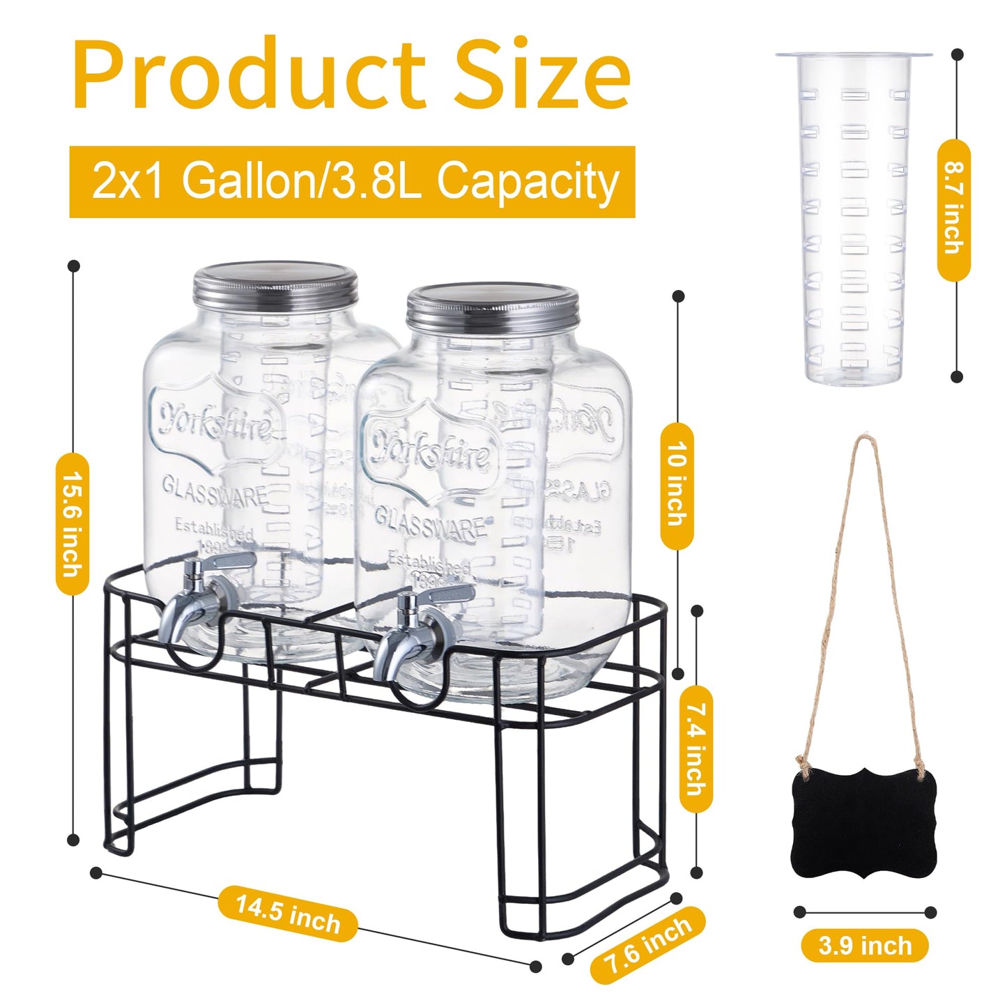 1 Gallon Glass Beverage Dispenser Set of 2 with Stand & Fruit Infuser, Stainless Steel Spigot, Beverage Dispenser for Parties, Weddings, BBQs, Lemonade, Sun Tea, Juice & Cold Drinks