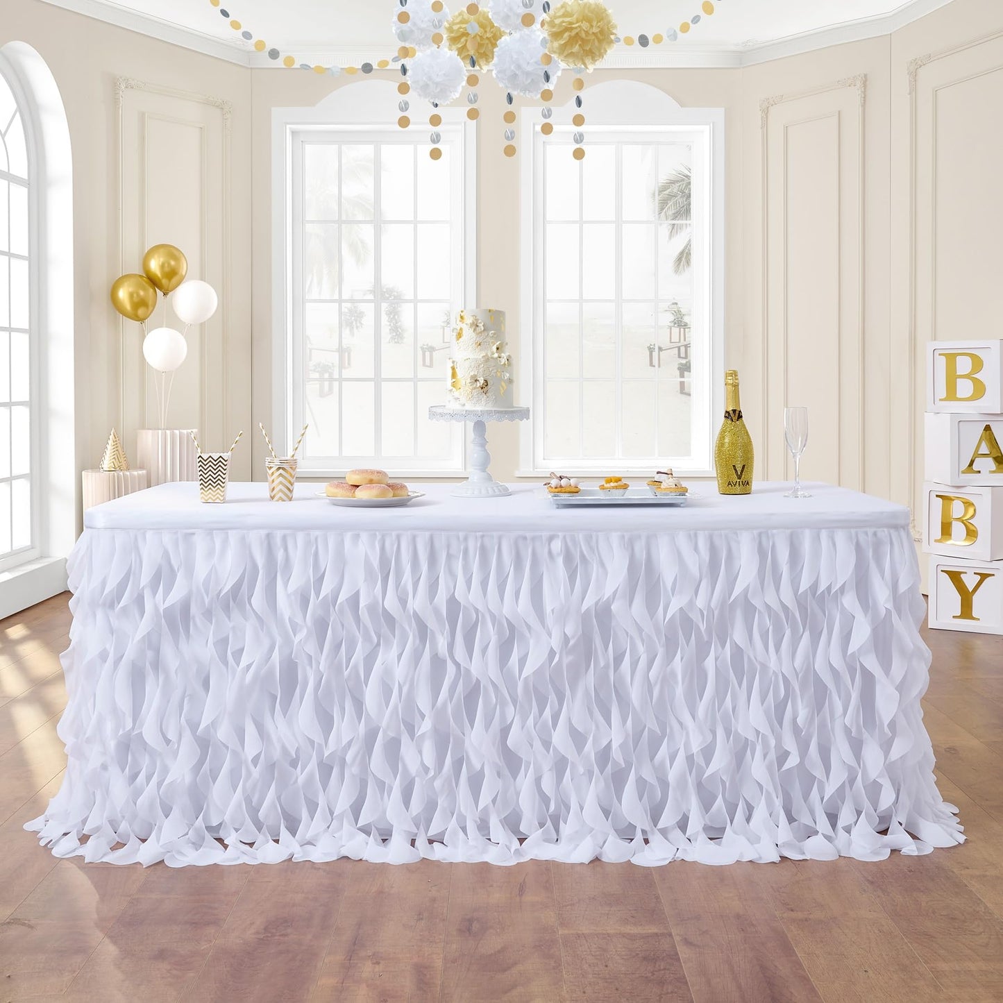 leegleri 72Inch White Tutu Table Skirt for Rectangle&Round Tables-Tulle Curly Willow Table Skirt Decorations, White Ruffle Tablecloth for Wedding Bridal Shower Birthday Party Decorations