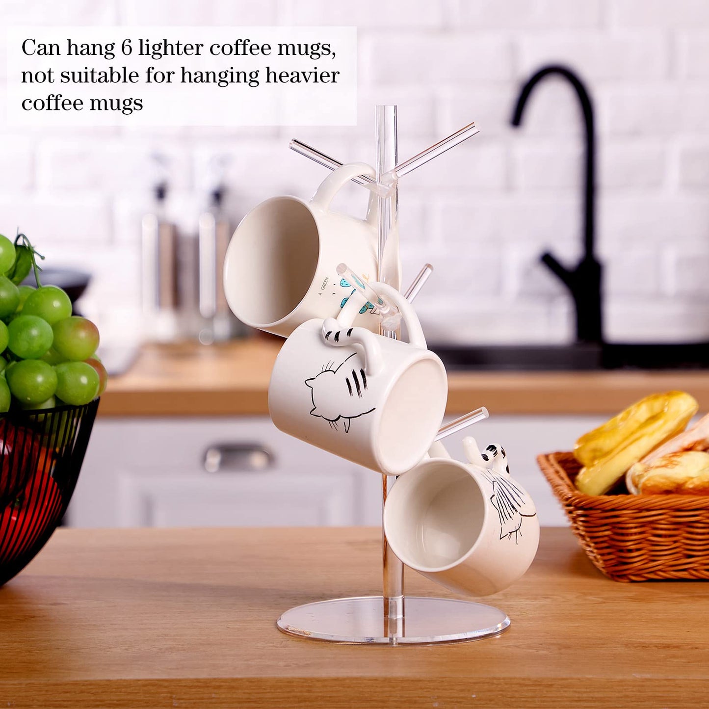 Patelai 14 Inch Acrylic Coffee Mug Tree Coffee Mug Rack Cup Holders for Counter with 6 Hooks Removable Stands(Acrylic,Clear)