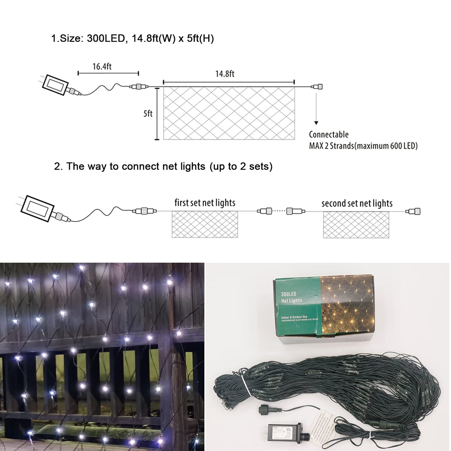 OYCBUZO 300LED White Net Lights, 14.8ft x 5ft Connectable Christmas Outdoor Mesh Lights with 8 Lighting Modes, Waterproof Fairy Lights Plug in for Bushed Xmas Tree Holiday Party Garden Decoration