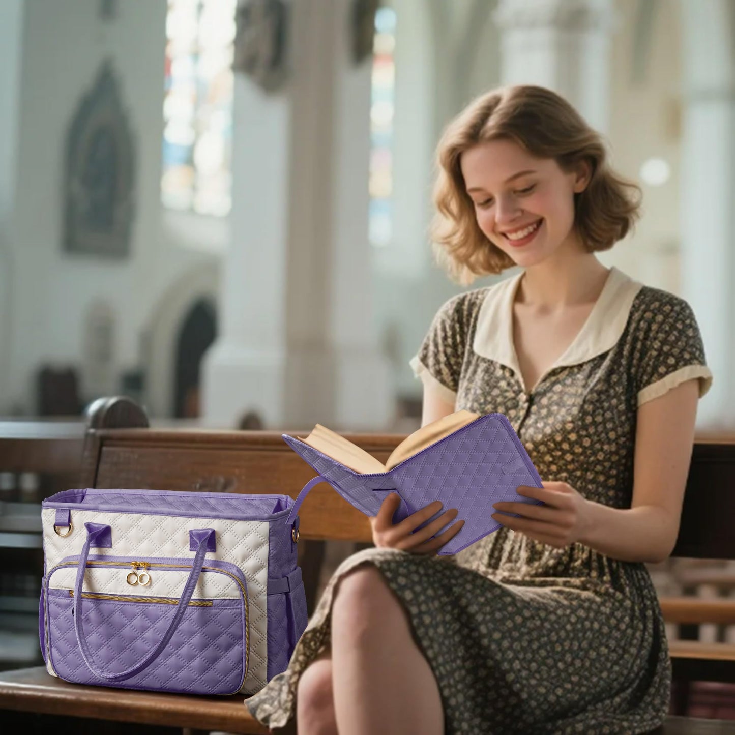 Large Bible Bag with Bible Cover Case for Women,Church Tote Bag Travel Bag Diaper Bag with Shoulder Strap for Teachers, Nurses, Moms, Bible Lovers (Purple