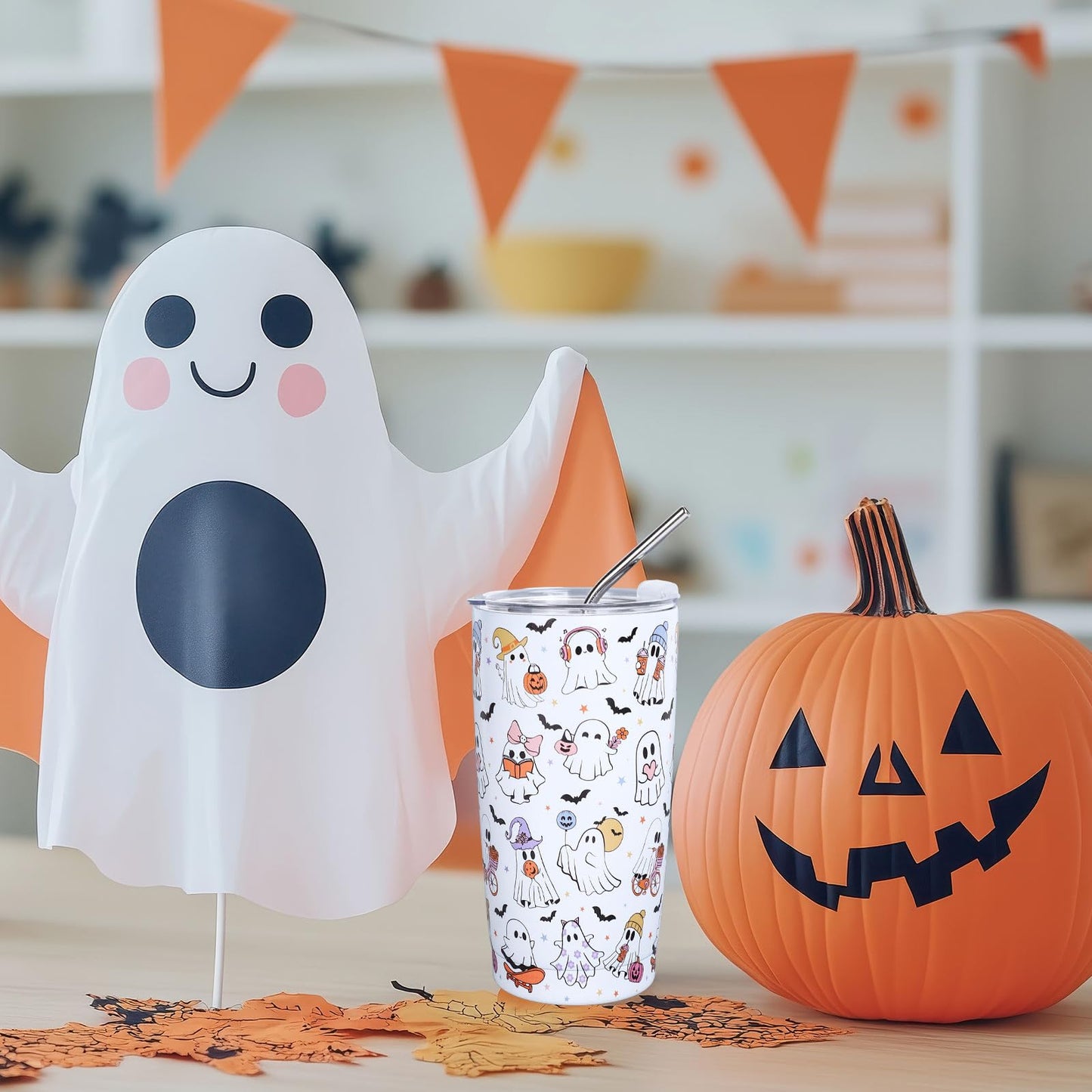 Whaline Halloween Ghost Tumbler 20oz Stainless Steel Travel Tumbler with Lid Straw Brush Cute Ghost Bat Coffee Mug Cup Halloween Boo Spooky Gifts for Women Travel Birthday Horror Gift