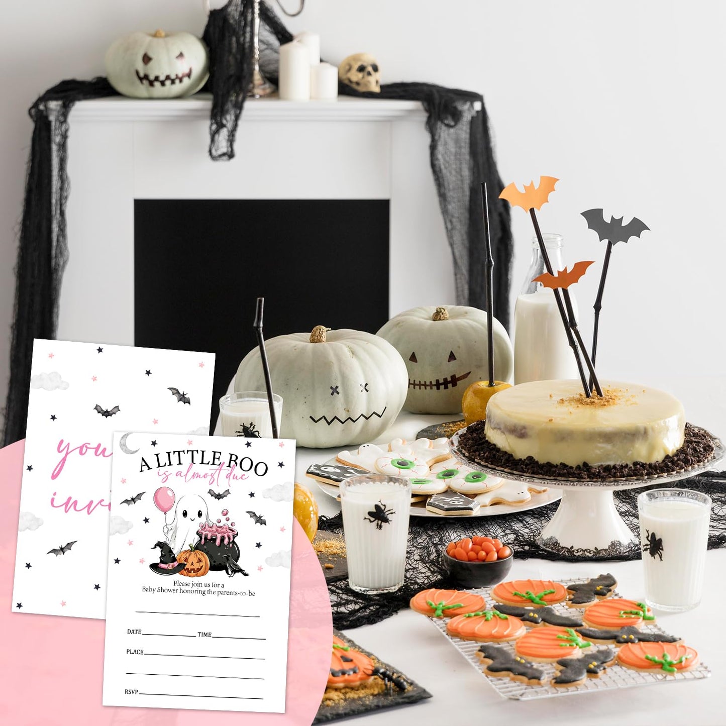 Smenudlli Pink A Little Boo Baby Shower Invitation, Halloween Invites Cards with Envelopes and Sticker (20 Pack), Cute Ghost Baby Shower Decorations Supplies /21