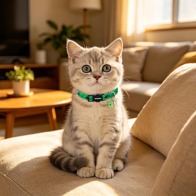 2 Pack Cotton Kitten Collars with Bells and Removable Charms, Cute Dinosaurs Collar for Indoor Boy, Girl and Adult Cats,Adjustable Kitten Collar 7-12 Inch