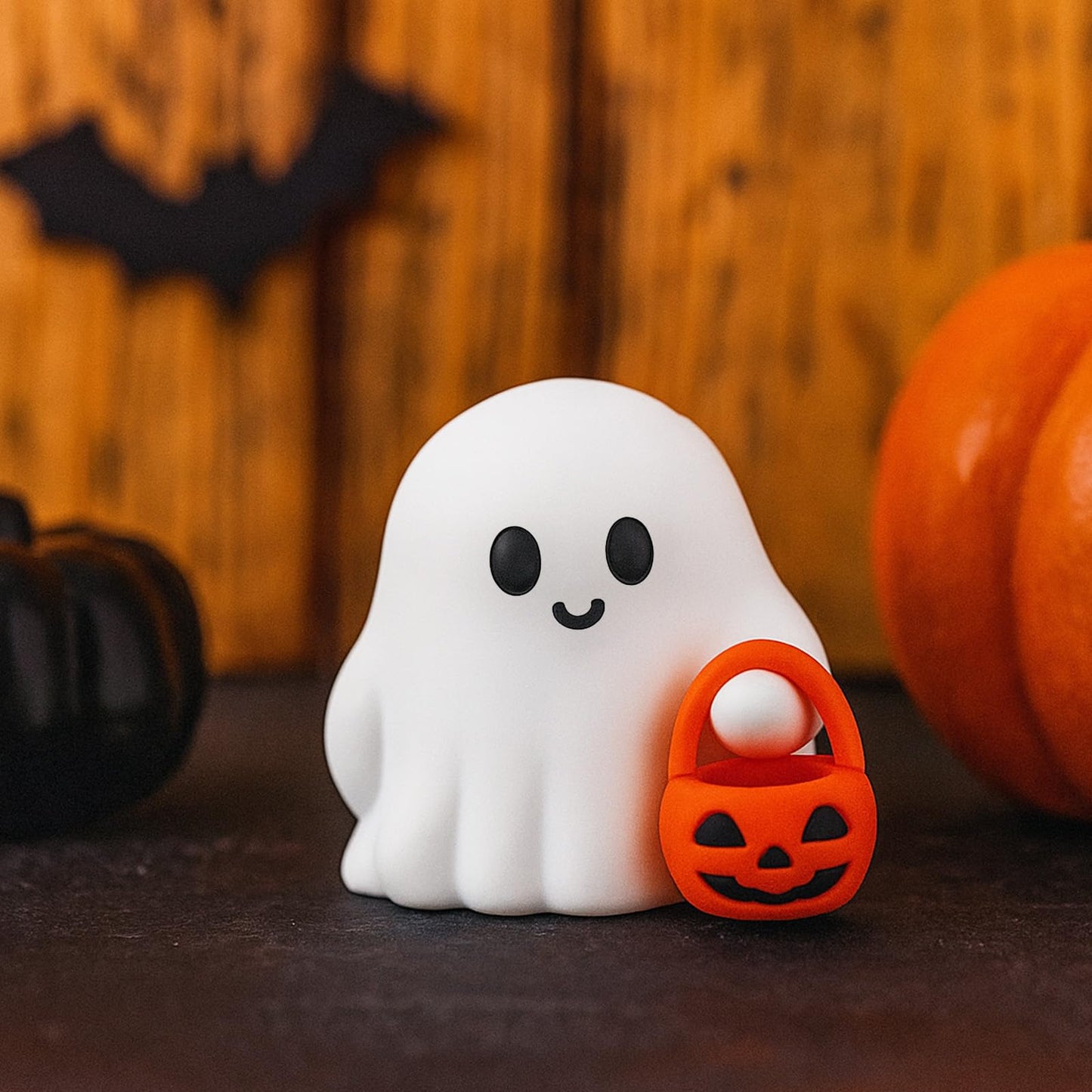 2 Pcs Halloween Ghost Figurine Cartoon Cute Spooky Carrying Pumpkin Basket Desk Display Ornament Tiny Trick or Treat Ghost Resin Halloween Statue for Home and Office Tabletop Decor Supplies