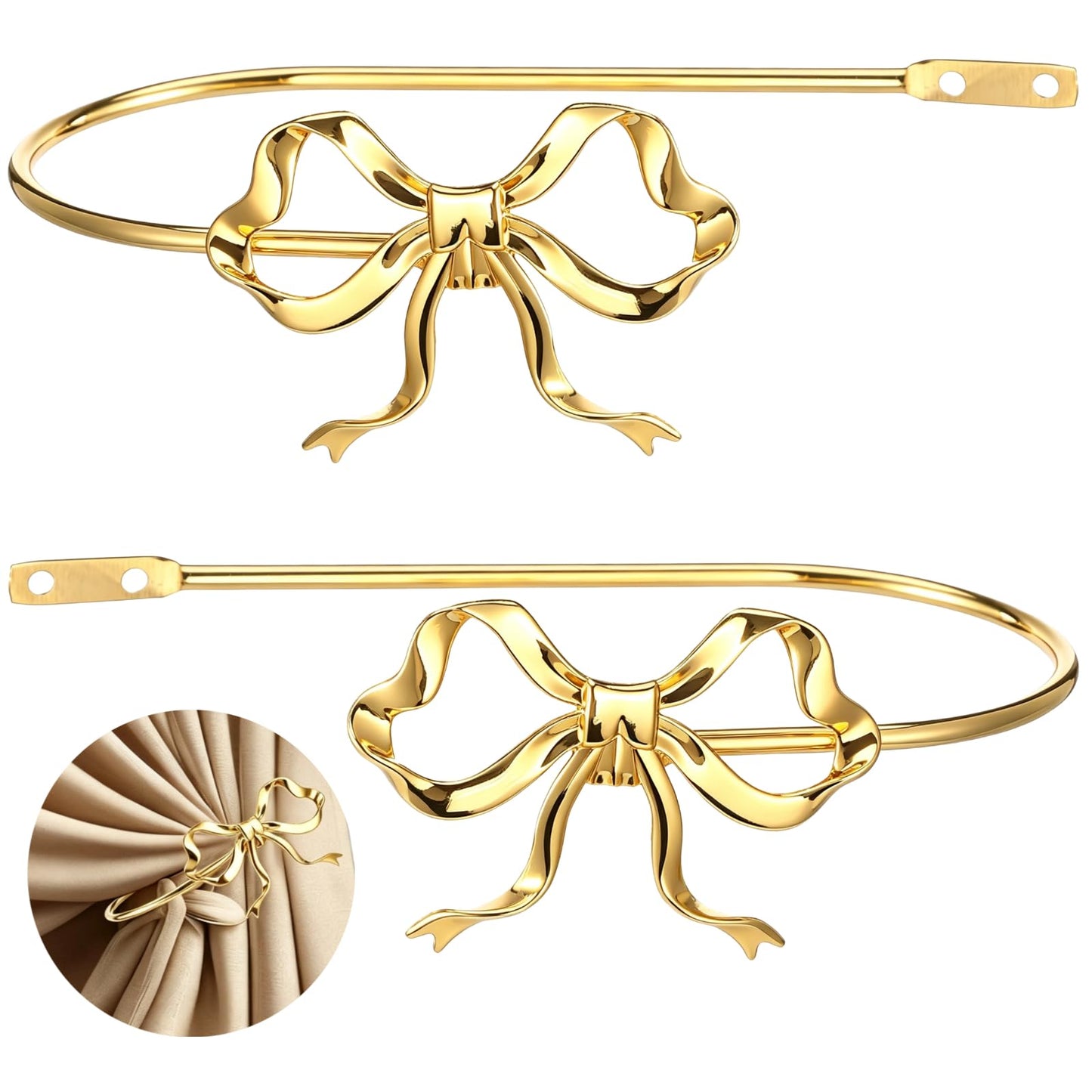 2PCS Metal Bow Curtain Holdbacks Gold Wall Mounted Curtain Hold Backs, 7.5 x 3.6 x 2.5 in Heavy Duty Zinc Alloy Wall Mounted Hooks, Decorative Tiebacks, Multipurpose Hangers for Living Room Bedroom
