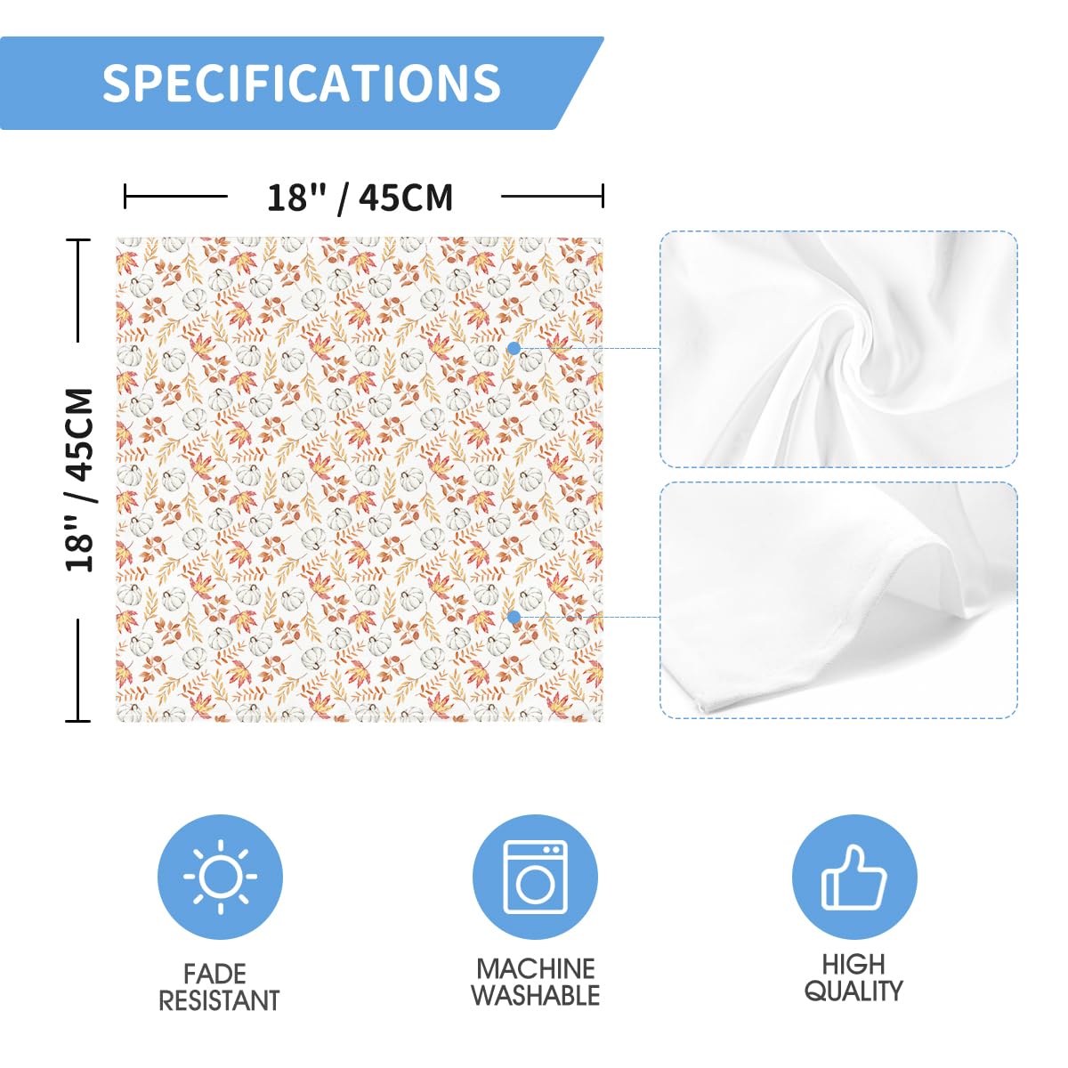 Horaldaily Fall Cloth Napkins 18 x 18 Inch, Thanksgiving Autumn Harvest White Pumpkin Orange Leaf Party Dinner Decoration Washable Napkins Set of 6