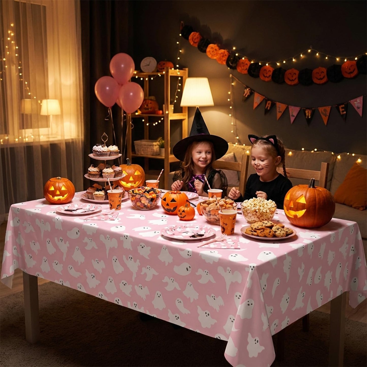 FYSUIMU 12Pcs Halloween Plastic Tablecloths White Pink Ghost Disposable Table Cover Rectangle Table Cloth for Halloween Party Decor, 54 x 108 Inch