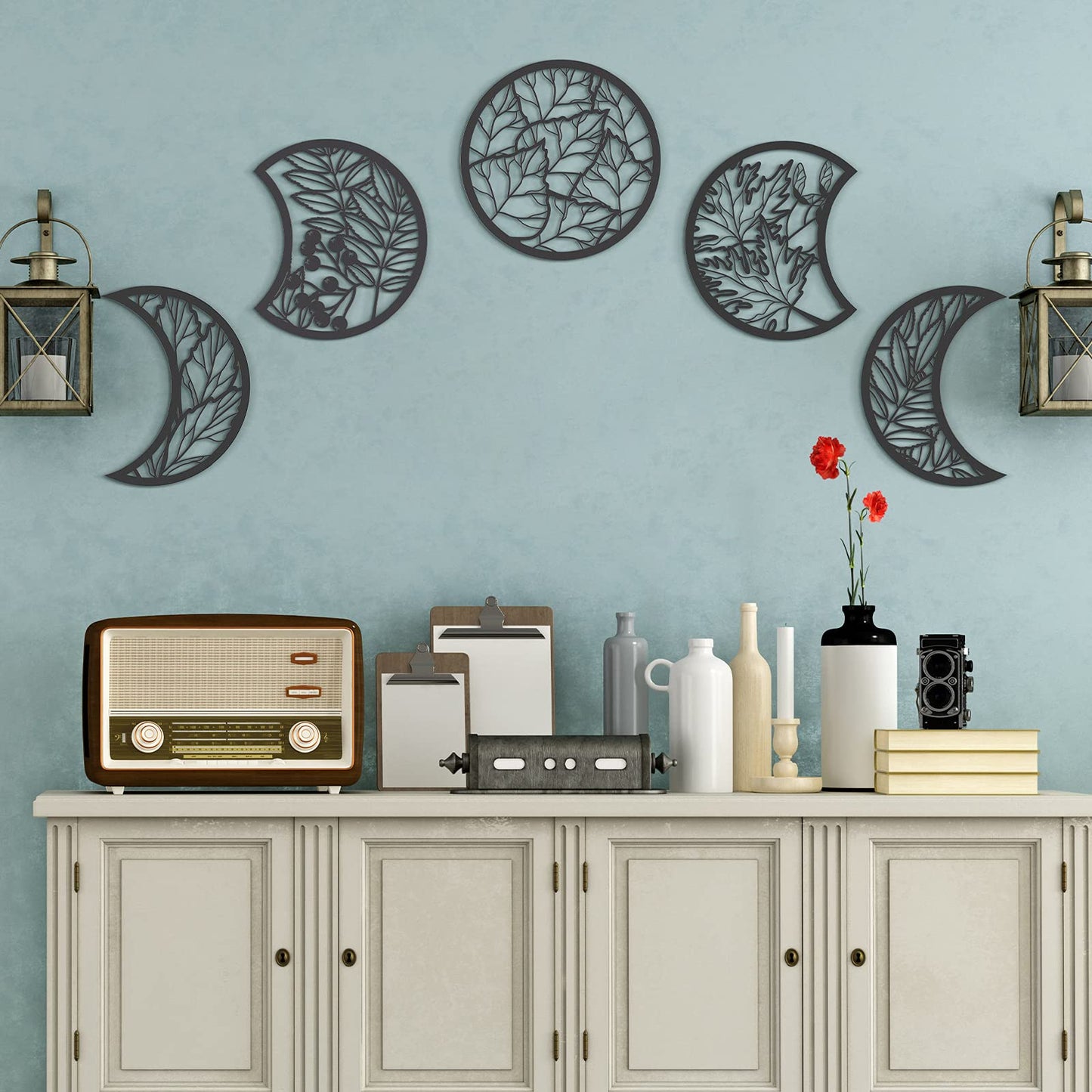 Jetec 5 Pcs Moon Phase Wall Art Decor Wall Pediments Hanging Wooden Phase Spiritual Bedroom Nordic Boho Lunar Aesthetic Art for Living Room Dorm Apartment Ornament(Black,10.6 Inch,Botanical)
