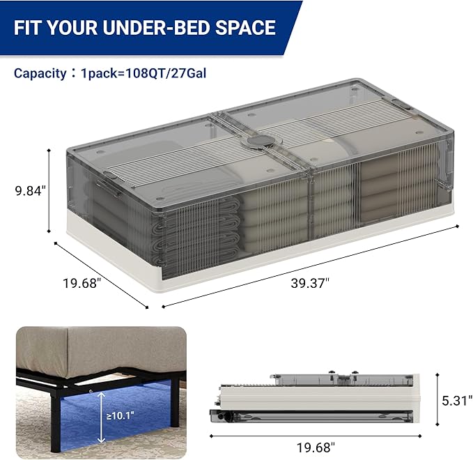 FLEXIMOUNTS 2-Pack Under Bed Storage with Wheels, 108 QT Large Collapsible & Stackable Containers, Foldable Organizer Bins for Blankets, Shoes, Books, Bedroom Closet