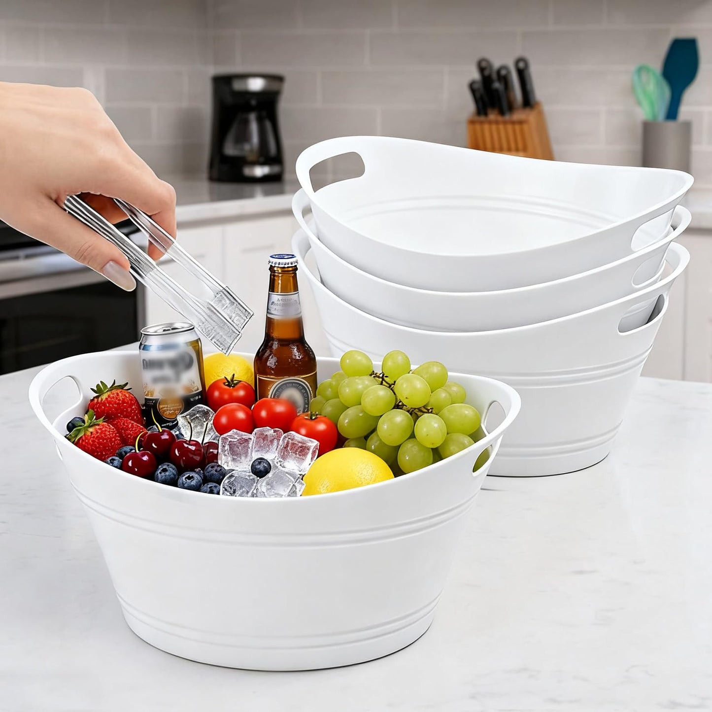 PLMMOUT 6 Pack Ice Buckets, Oval Storage Tub with Handles, Plastic Ice Drink Bucket for Parties, 4.5 Liter Beverage Storage Basket for Bar Champagne Wine Beer Beverage Bottle Cooler, White