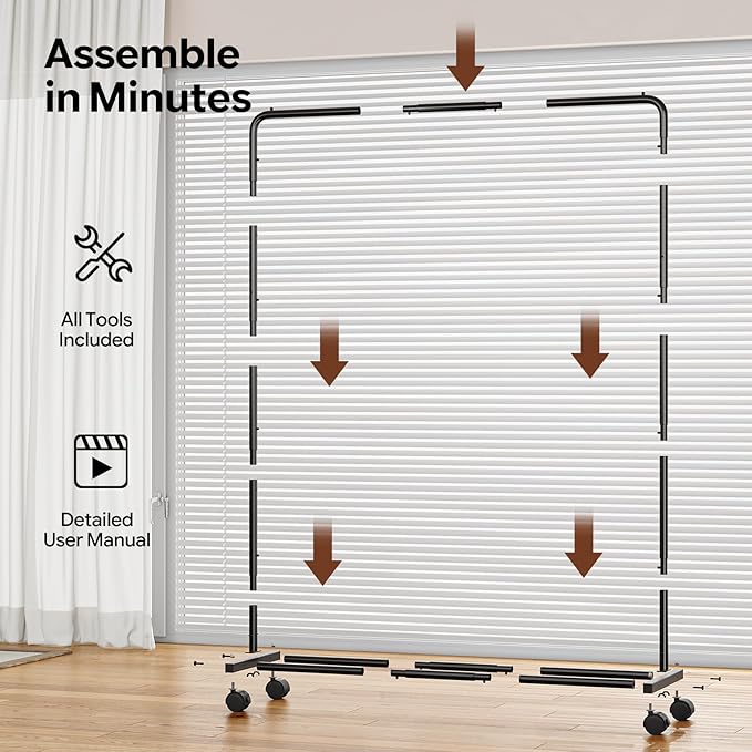 Simple Trending Clothing Rack for Hanging clothes, Portable Garment Rack with Bottom Shelf, Metal Clothes Rack on Wheels for Bedroom, Laundry Room, Black