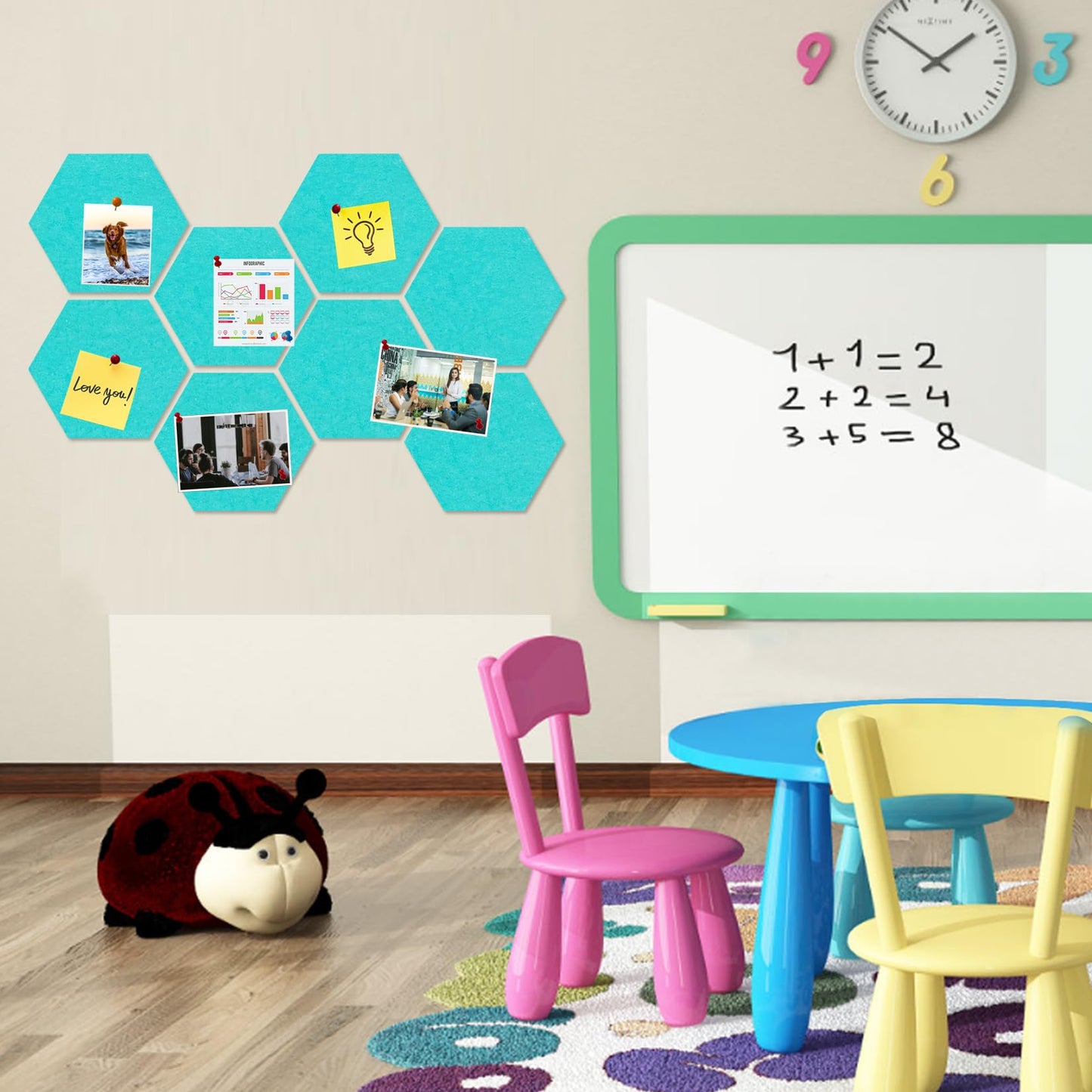 HULAVO Large Hexagon Felt Cork Board Tiles, Self Adhesive DIY Felt Bulletin Board Pin Board with 35 Pushpins for Office School Home Wall Decor Stickers Memos Photos Display(Teal)