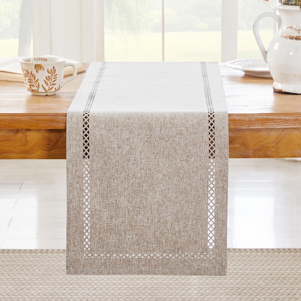 Aoztio Burlap Style Farmhouse Table Runner, 13 x 48 Inch Coffee, Rustic Geometric Hollow Table Runners 48 Inches Long for Dresser Table Everyday Use, 13x48 Inches, Coffee