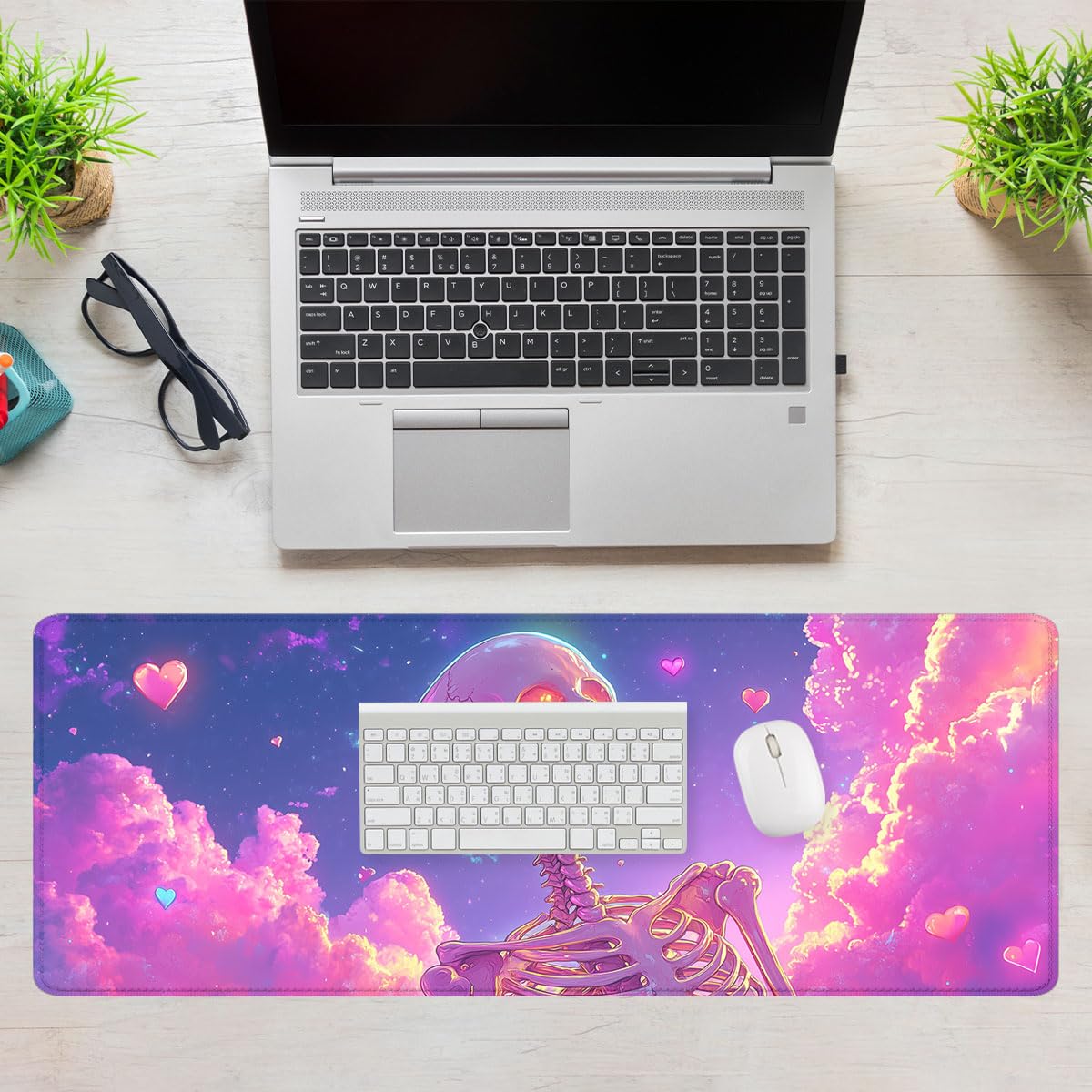 Cute Cartoon Skeleton Gaming Mouse Pad Pink and Purple Cloud Extended Mousepad Waterproof Stitched Edges Rubber Base Non-Slip Deskpad Computer Keyboard Mat 31.5"x11.8"