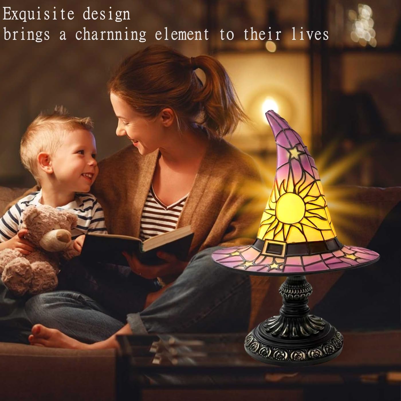 Loisdaro Witch Hat Lamps - Handcrafted Stained Gothic Wizard Hat Lights for Decor,Light with Glow-in-The-Dark Figurine for Bedroom, Mystical Bedroom Ambiance & Wiccan Gifts