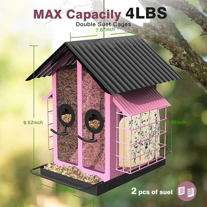 FlowaFoli Bird Feeders for Outdoors, Metal Bird Feeder with Double Suet Cage Weatherproof Metal Roof, 2 in 1 Mixed Seeds Suet Feeder, 4Lbs Large Capacity, Great for Finch、Cardinal、Chickadee(Pink)