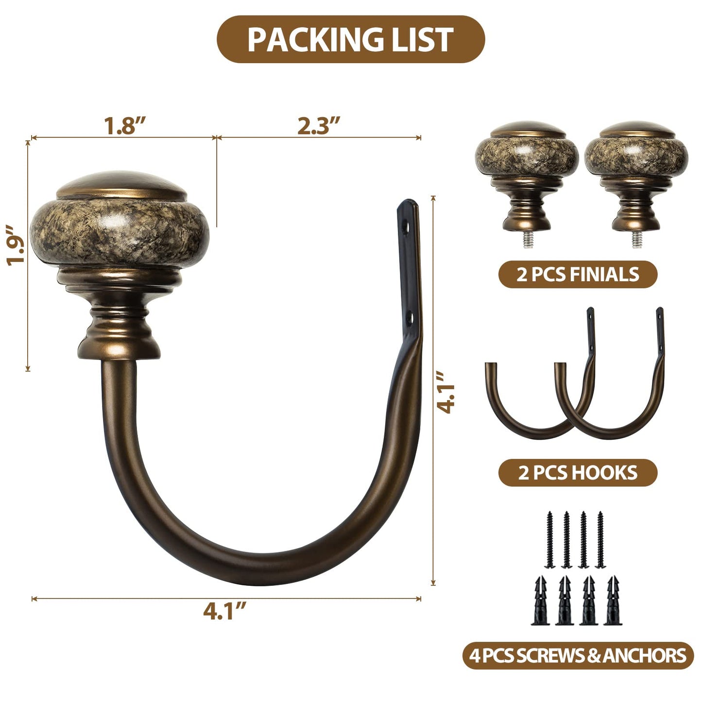 KAMANINA Decorative Curtain Holdbacks for Wall, Curtain Tiebacks Hooks with Screws Wall Mounted for Drapes Window Home Decoration, Marbled Finials, Bronze(1 Pair/2 Pack, Small)