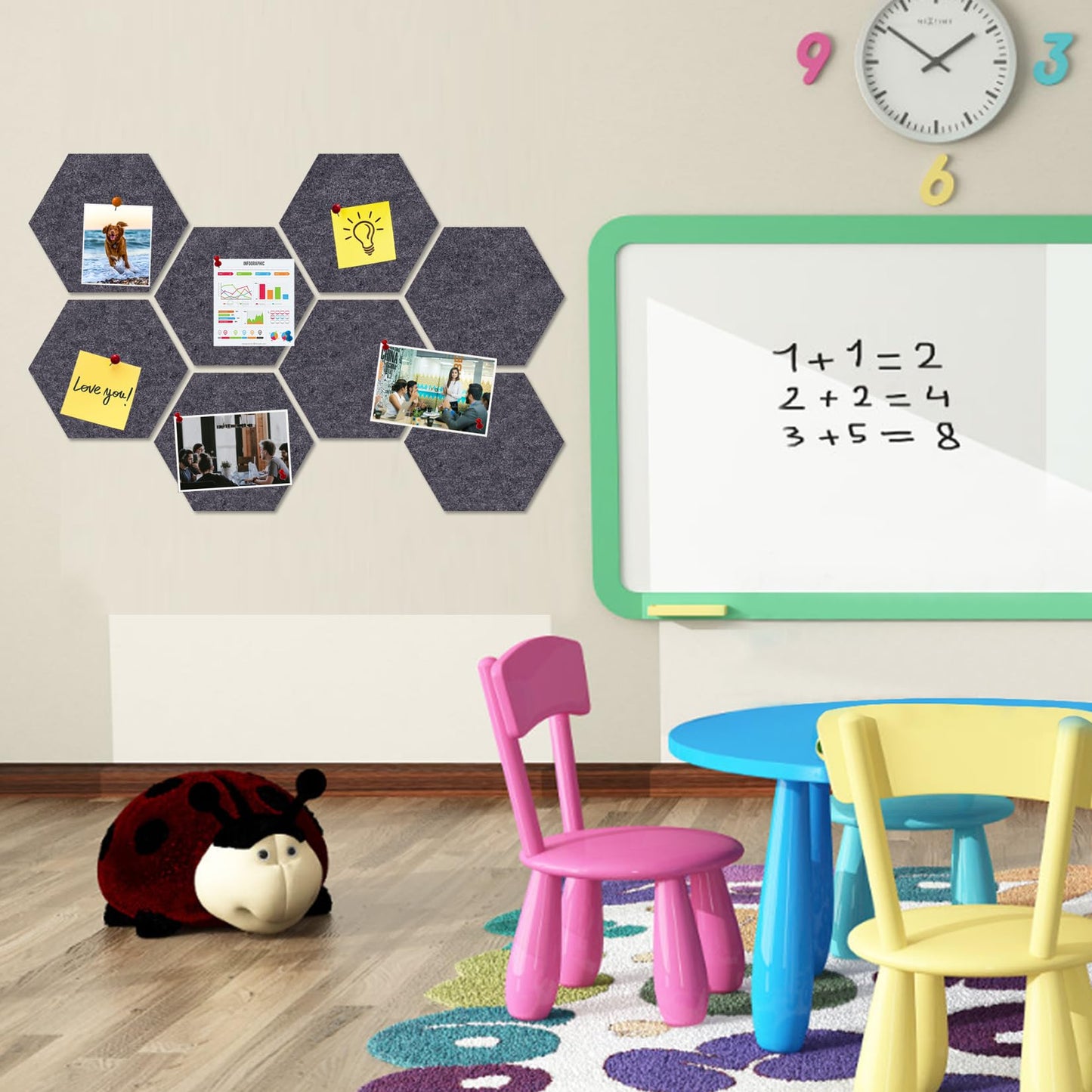 HULAVO Large Hexagon Felt Cork Board Tiles, Self Adhesive DIY Felt Bulletin Board Pin Board with 35 Pushpins for Office School Home Wall Decor Stickers Memos Photos Display(Deep Grey)