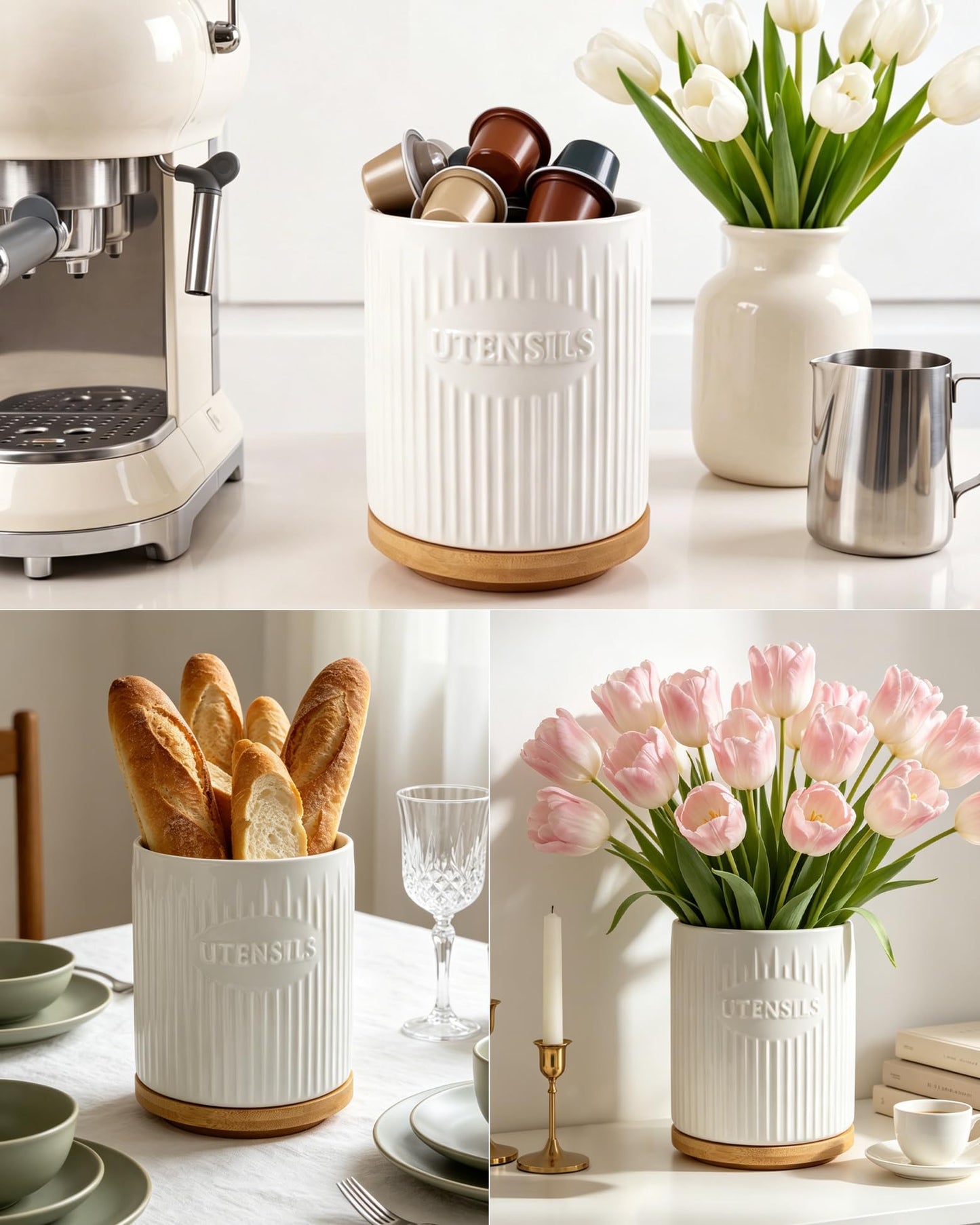 QINSDESIGNS 360° Rotating Utensil Holder, 7.6" Large Ceramic Kitchen Utensil Holder for Countertop with Rotatable Bamboo Base, Stable Cooking Utensil Crock, Farmhouse kitchen Decor, White