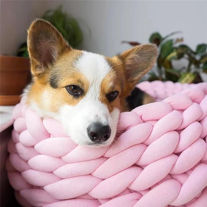 Woven Dog Bed Basket, Knitted Cotton Cat Bed Round Washable Woven Cat Pet Bed Chunky Dog Basket, Orthopedic, Chunky Knit Dog Nest,Dog Bed,Dog Cave,Dog Bedding(Green,23")