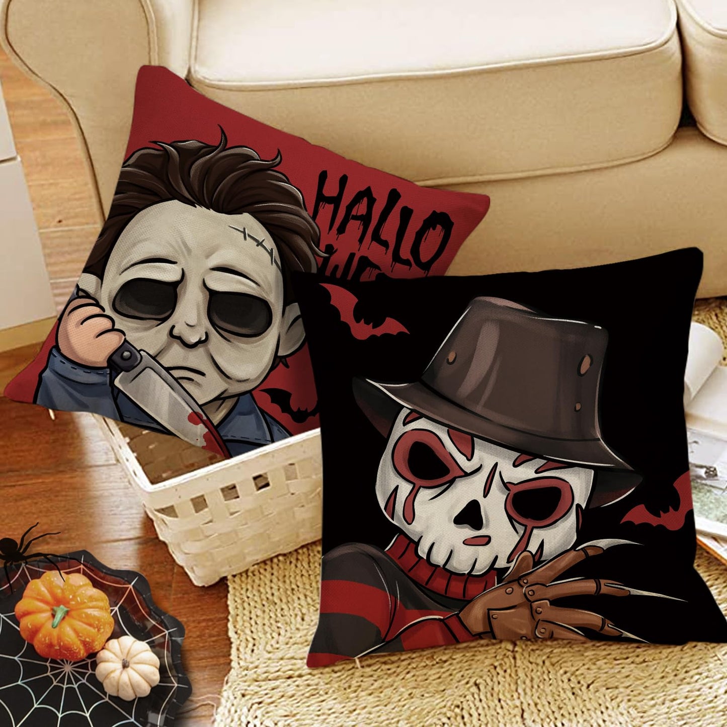 Pycat Halloween Horror Movie Characters Decorative Throw Pillow Covers 18 x 18 Set of 4, Red Black Scary Grim Reaper Mask Porch Outdoor Home Decor, Scream Bloody Knives Bat Sofa Couch Cushion Case