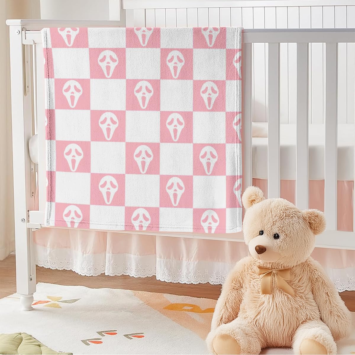 Halloween Spooky Face Throw Blanket, Pink and White Checkered Pattern, Halloween Ghost Blankets Fuzzy Gifts for Sofa Couch Bedroom (80" x 60")