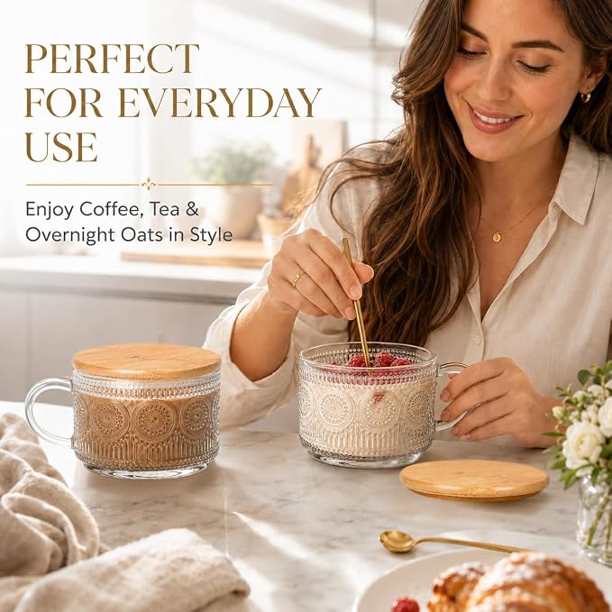 Semderm Vintage Glass Coffee Mugs Set of 4, Overnight Oats Containers with Bamboo Lids and Spoons - 14oz Clear Tea Cups for Cappuccino Latte Americano Cereal Yogurt Beverage