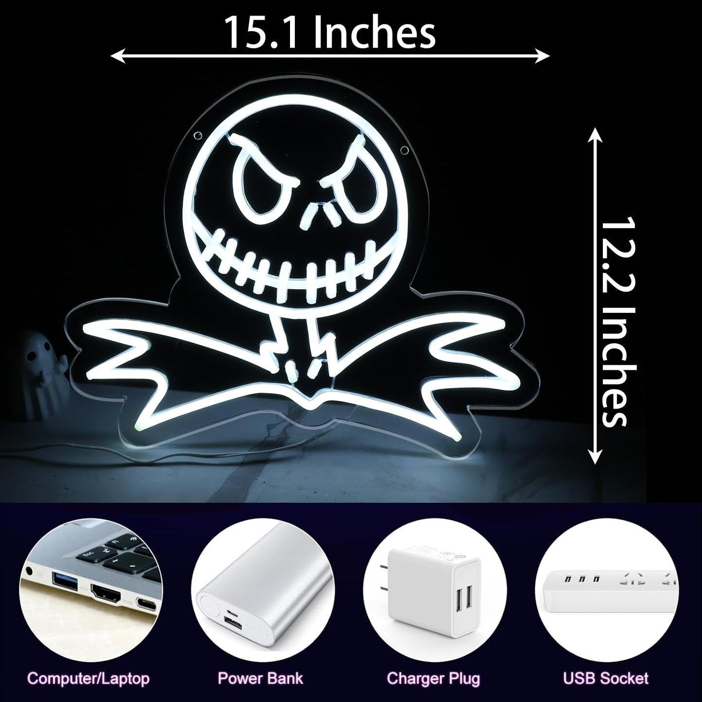 DAOXUZO Jack Skellington Neon Sign, Dimmable Light Up Skeleton Hanging USB Powered for Wall Decor, Living Room, Bedroom, Game Room Decor, Birthday Halloween & Christmas Gifts 15.1 * 12.2 inch