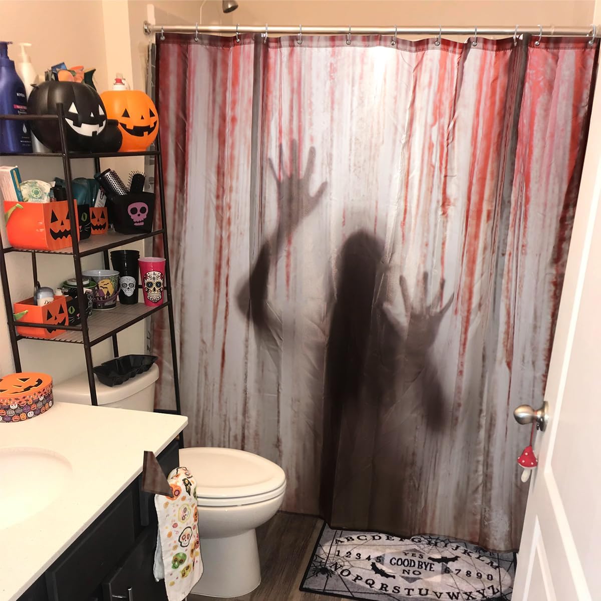 Halloween Shower Curtain Set: Spooky Female Blood Ghost Shadow Halloween Bathroom Shower Curtain with Hook, Bloody Handprint Haunted House Fabric Shower Curtain for Bathroom Decorations Indoor