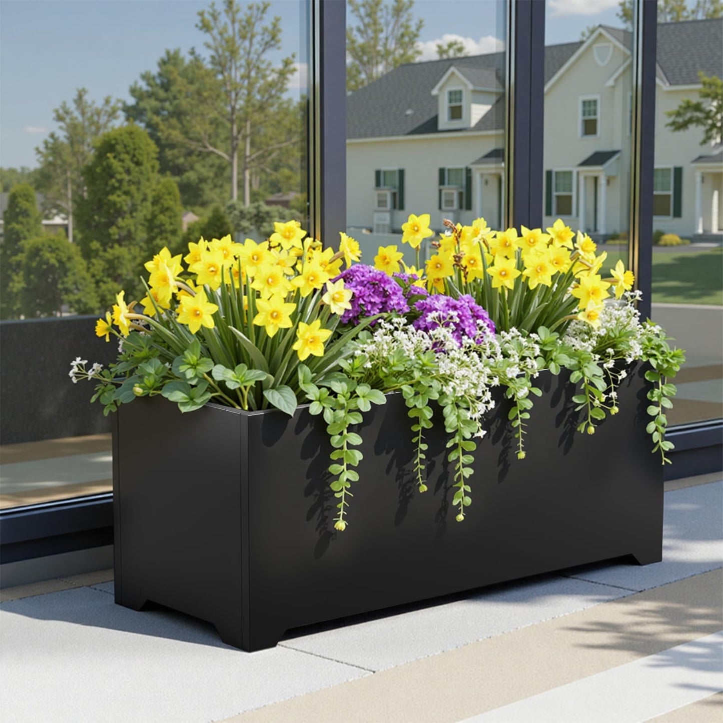 Gabviem Metal Planter Box 36" L x 15" W x 15" H, Rectangular Trough Planter Box with 6 Drainage Holes & Raised Bottom, All-Weather Garden Planter Box for Outdoor Patio/Porch, Lawn, Black