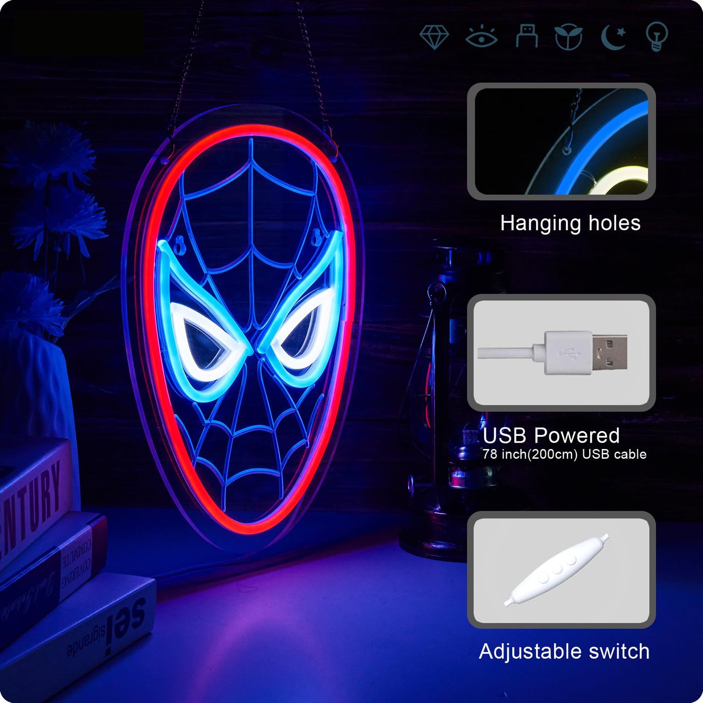 Spider neon sign for wall decor Anime Light Compatible with smart timing switch, 5V USB power supply Kids Bedroom Game Room Decoration(13x9.4 Inch)
