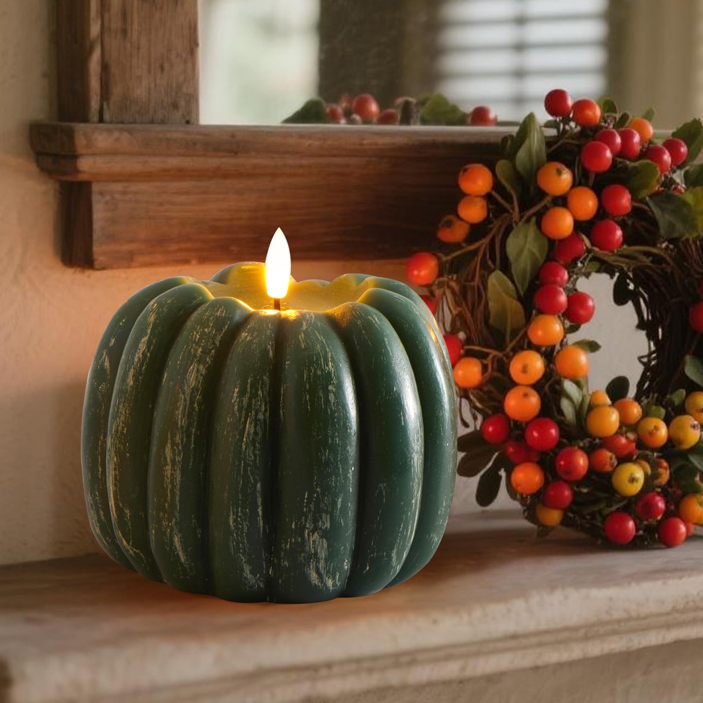 Velsyn Fall Decorations for Home, Flickering Flameless Wax Pumpkin LED Candle with Timer Remote Control, Thanksgiving Gifts, Autumn Farmhouse Rustic Harvest Decor for Tiered Tray Table Indoor (Green)