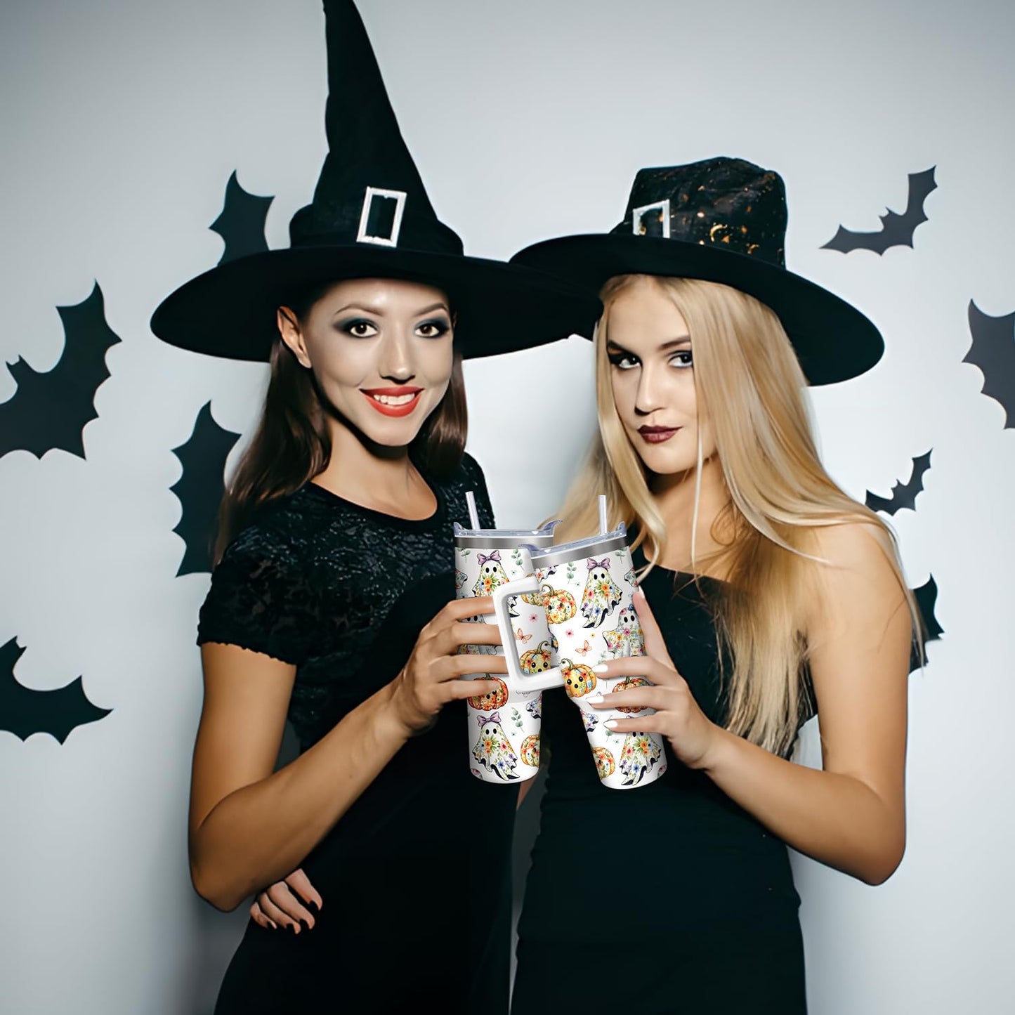 Kearscupra 40oz Cute Ghost Halloween Flowers Tumbler With Handle and Straw,Gifts for Women Pumpkin Coffee Mug Water Bottle, Stainless Steel Insulated Cup