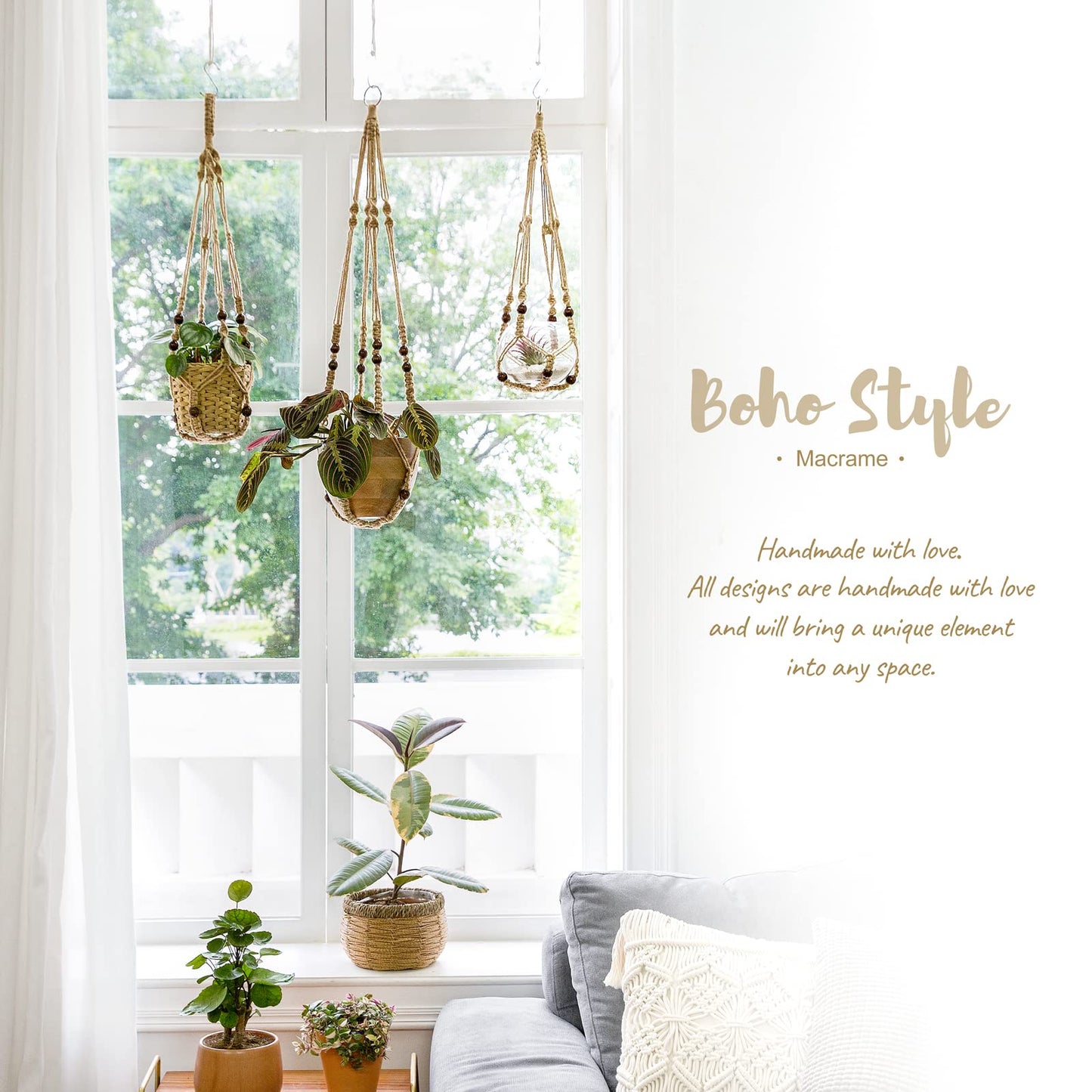 Mkono Macrame Plant Hangers Indoor Jute Hanging Planter Basket and Ceiling Hooks, Wood Beads Decorative Flower Pot Holder for Indoor Outdoor Boho Home Decor,Brown,Set of 2
