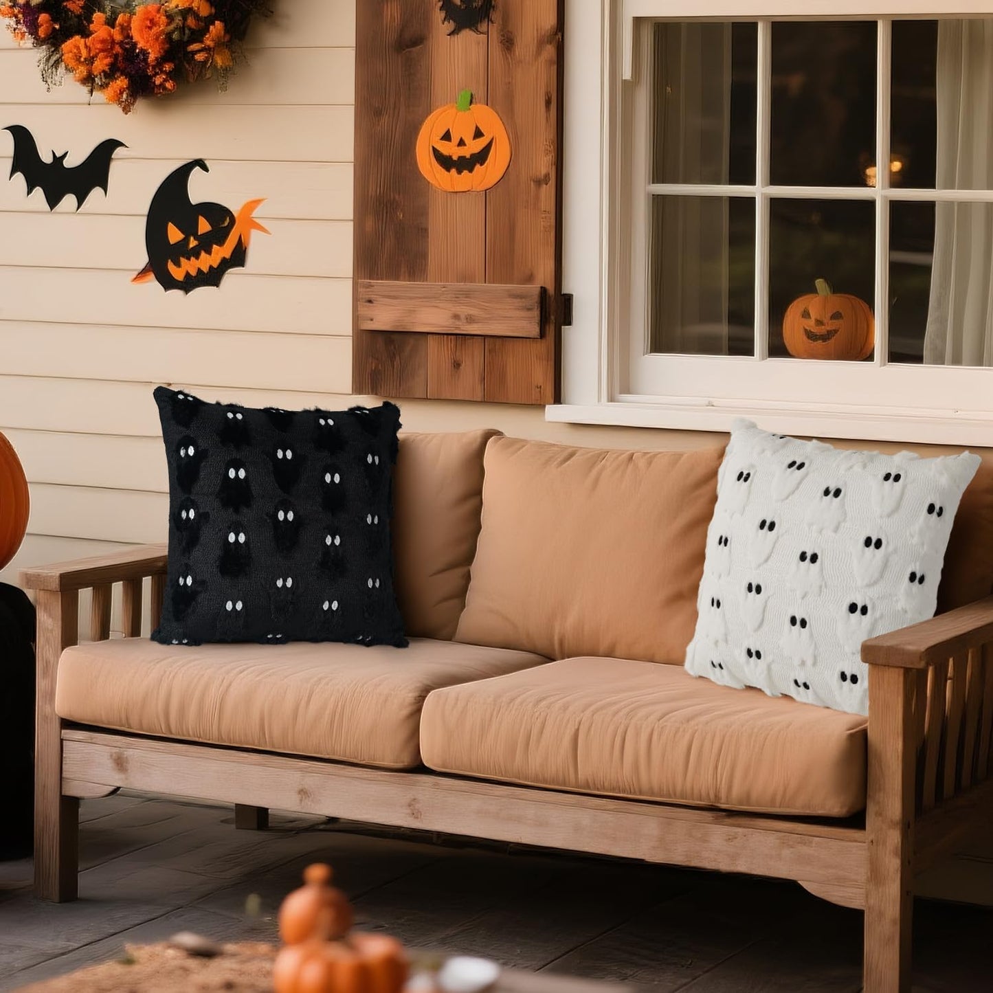 Artmag Halloween Ghost Pillow Covers 22x22 Set of 2, Soft Plush Faux Farmhouse Throw Pillow Cases for Fall Thanksgiving Halloween Holiday Decorations White