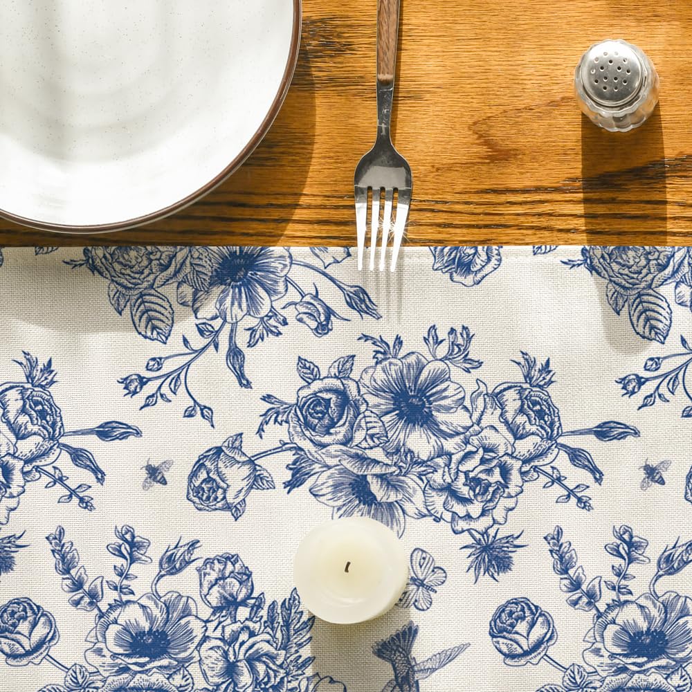 Artoid Mode Spring Navy Blue Floral Chinoiserie Table Runner, Seasonal Summer Kitchen Dining Table Decoration for Home Party Decor 13x90 Inch