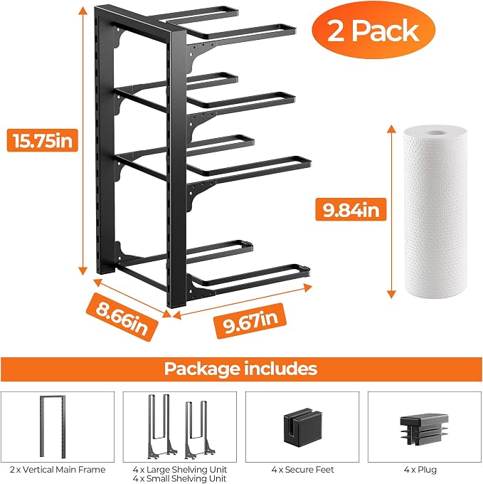 MUDEELA 2 Pack Pots and Pans Organizer under Cabinet, 4-Tier Heavy Duty Pan Organizers inside Cabinet Kitchen Storage, Adjustable Pot Rack Holds up to 44 LB Cast Iron Skillets Shallow Cookware