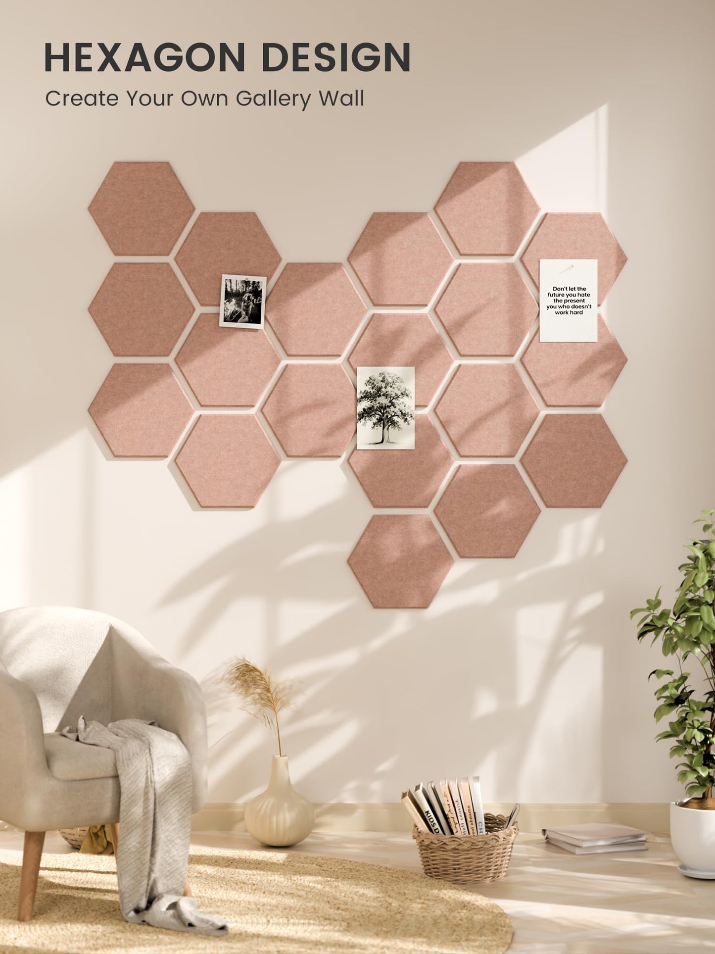 Fluxynara Hexagon Cork Board Alternative for Walls Decor-12-Pack Felt Bulletin Board Tiles,with 30 Pushpins,70 Adhesive Tabs for Office,Classrooms & Home Pin Board Felt Board-Pink