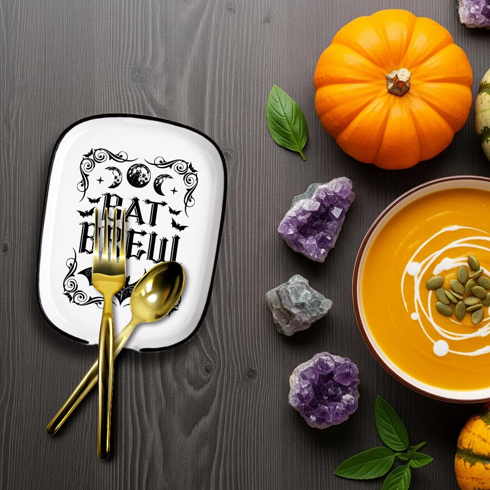 ANATTASOUL Ceramic Spoon Rest for Stove Top Divination Bat and Moon Phases Pattern 4.52"x5.9" Large Spoon Holder, Heat Resistant Utensil Holder Kitchen Counter Decor for Cooking Lover